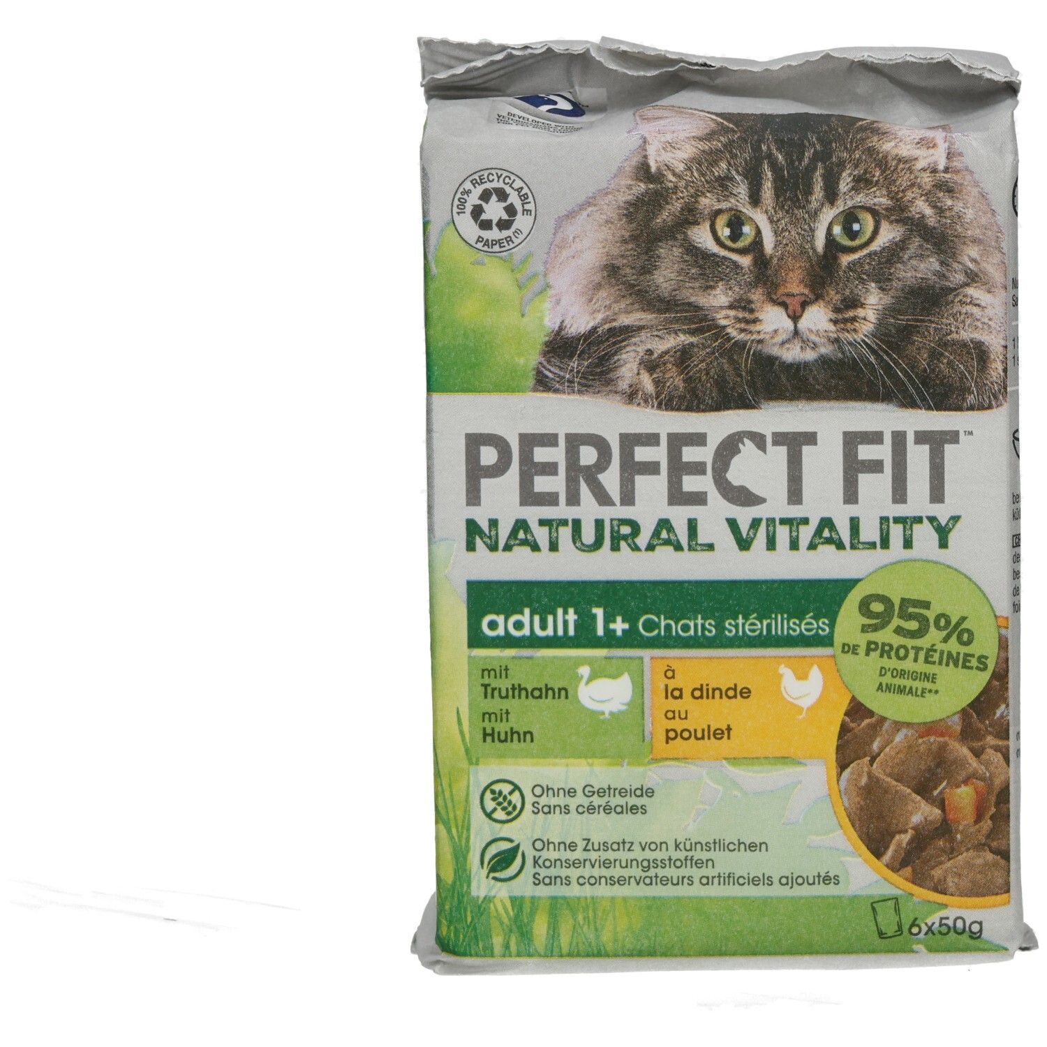 Perfect Fit Natural Vitality Adult 1+ Katzennahrung mit Huhn und Truthahn, 6x50g Beutel.
