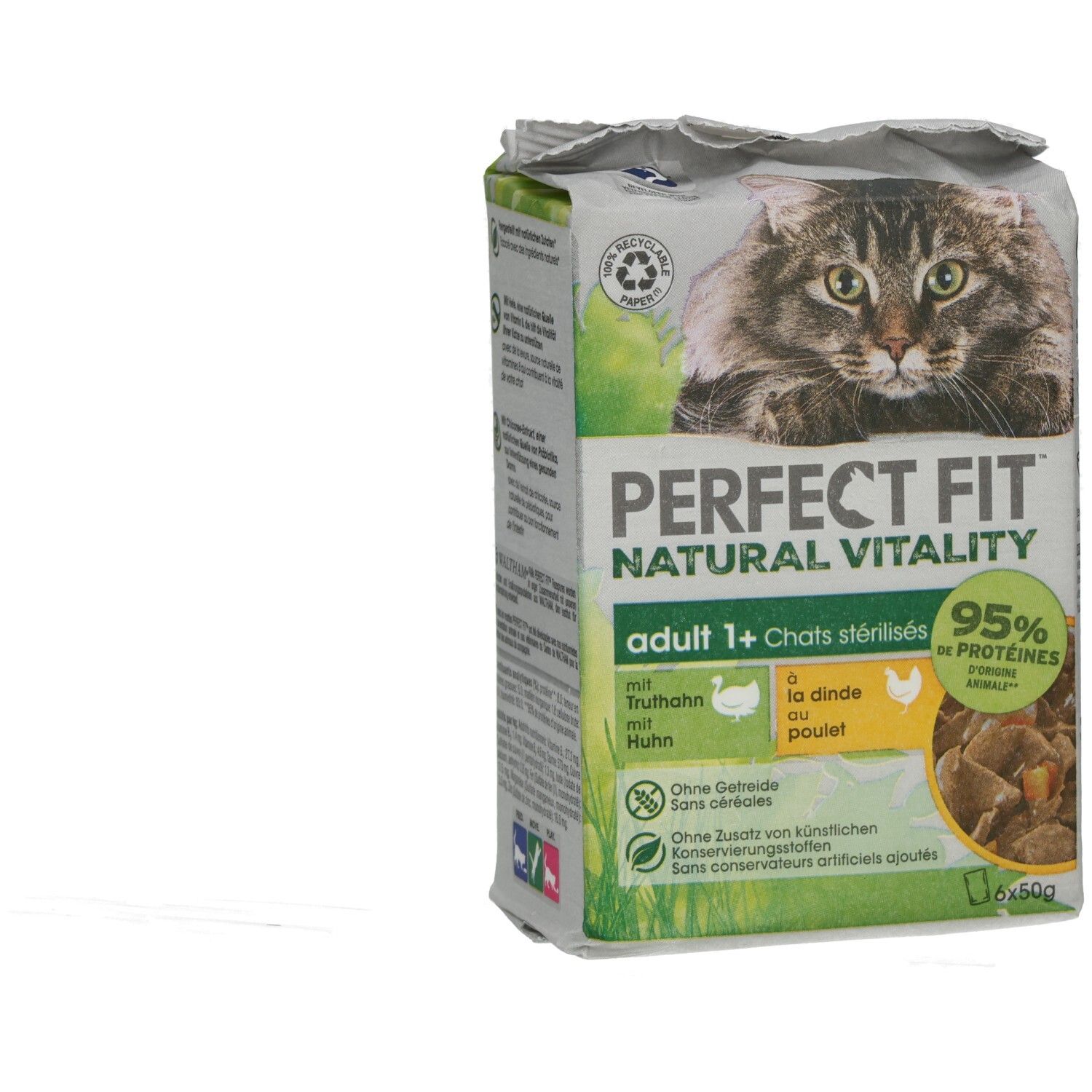 Perfect Fit Natural Vitality Adult 1+ Katzennahrung mit Huhn und Truthahn, 6x50g Beutel.