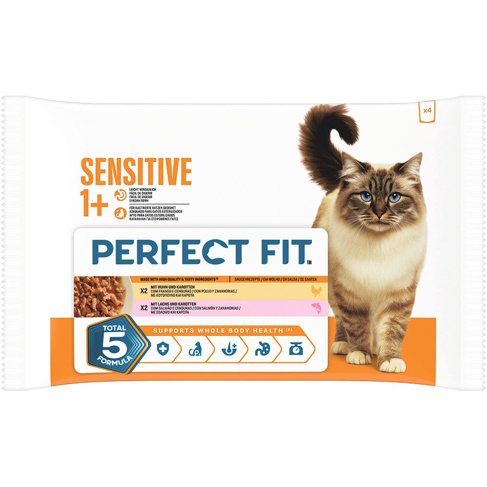 Perfect Fit Sensitive 1+ Katzennahrung, 4x 85g Beutel. Mit Katze und Gesundheits-Symbolen.