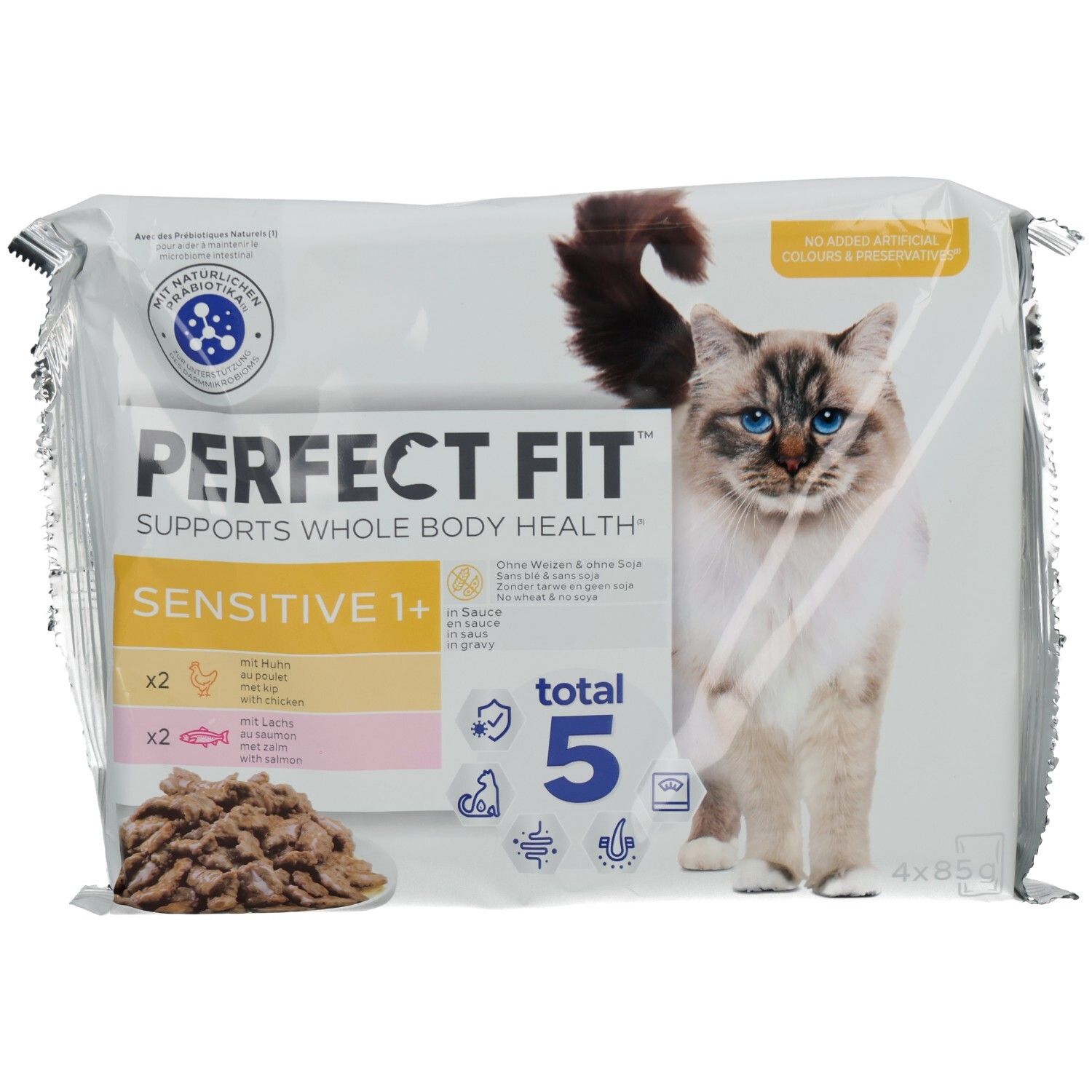 Perfect Fit Sensitive 1+ Katzennahrung, 4x 85g Beutel. Mit Katze und Gesundheits-Symbolen.