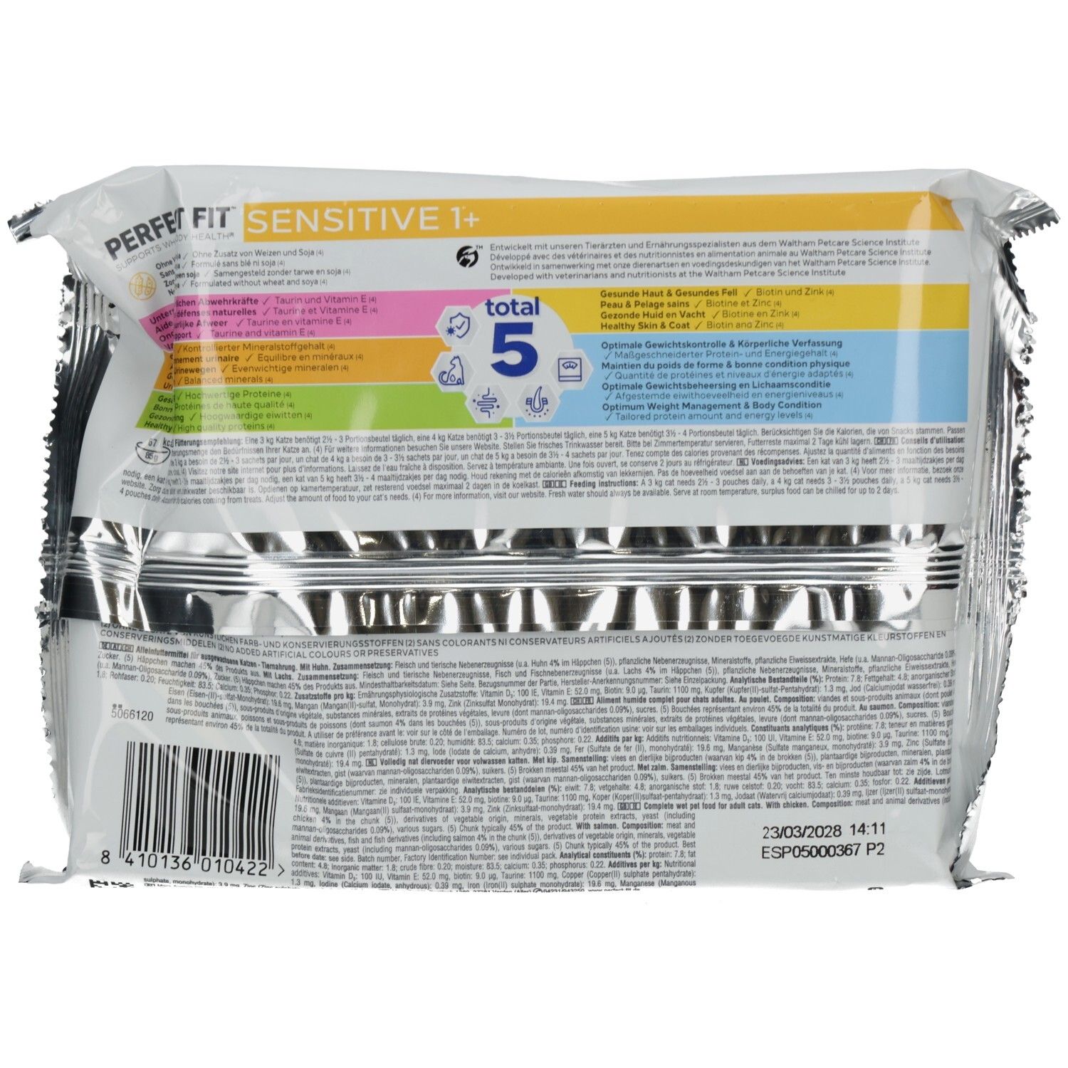 Rückseite Perfect Fit Sensitive 1+ Katzennahrung, 4x 85g Beutel. Mit Nährwertangaben und Symbolen.