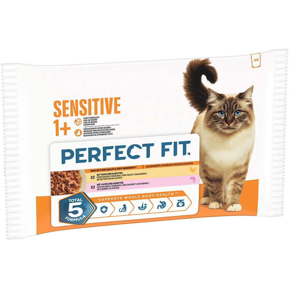 Perfect Fit Sensitive 1+ Katzennahrung, 4x 85g Beutel. Mit Katze und Gesundheits-Symbolen.