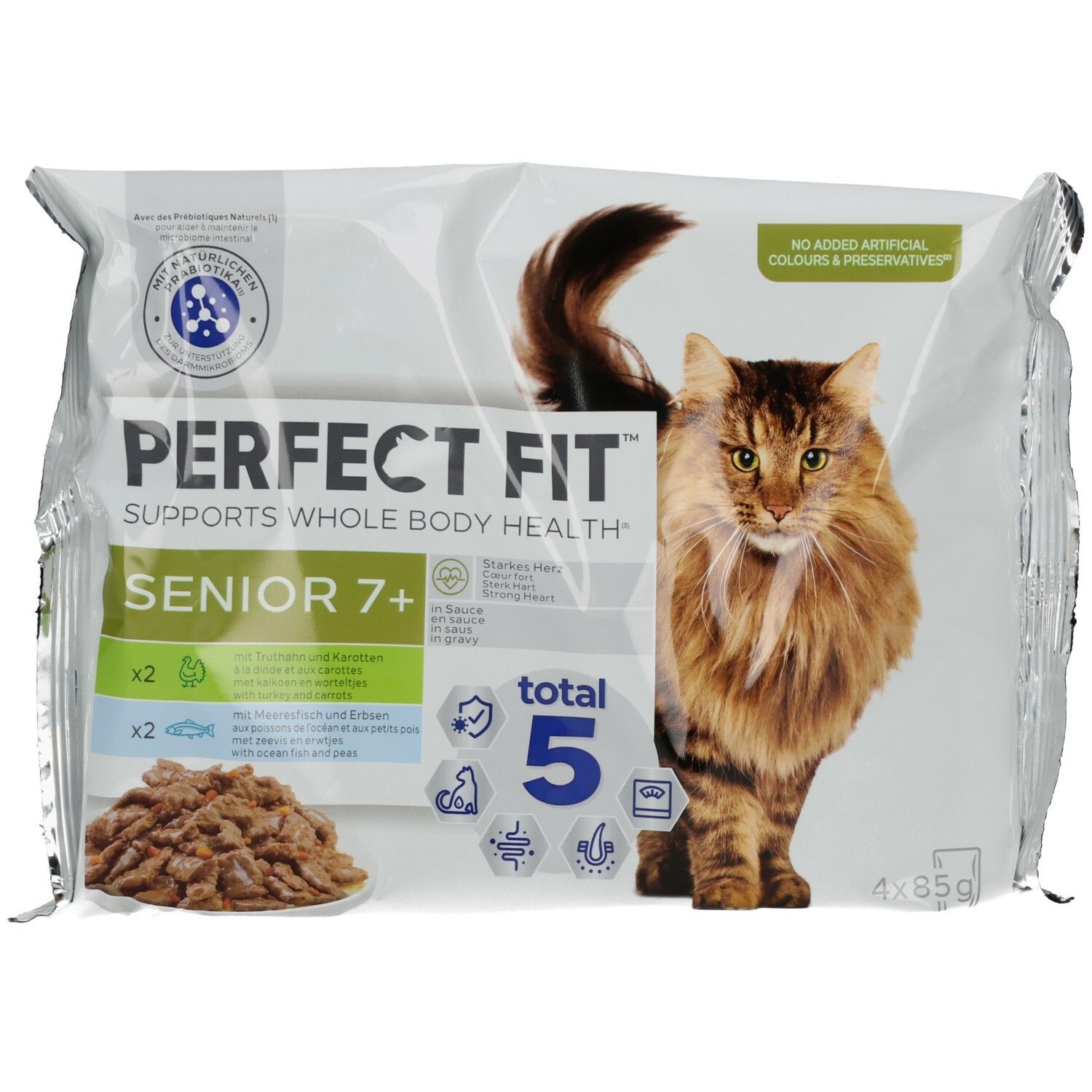 Perfect Fit Senior 7+ Katzenfutter 4er Packung mit Katze und Produktinformationen.