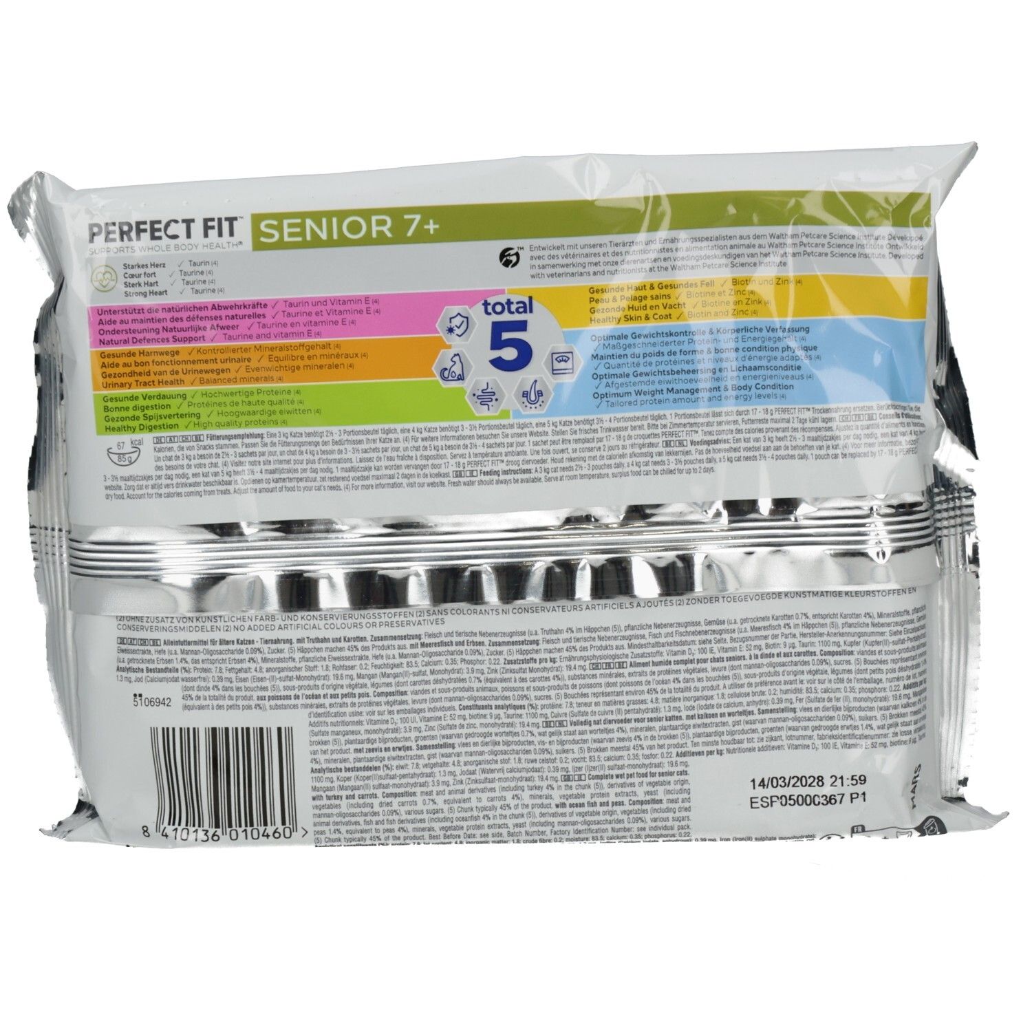 Rückseite der Perfect Fit Senior 7+ Katzenfutter 4er Packung mit Zutaten und Nährwertangaben.