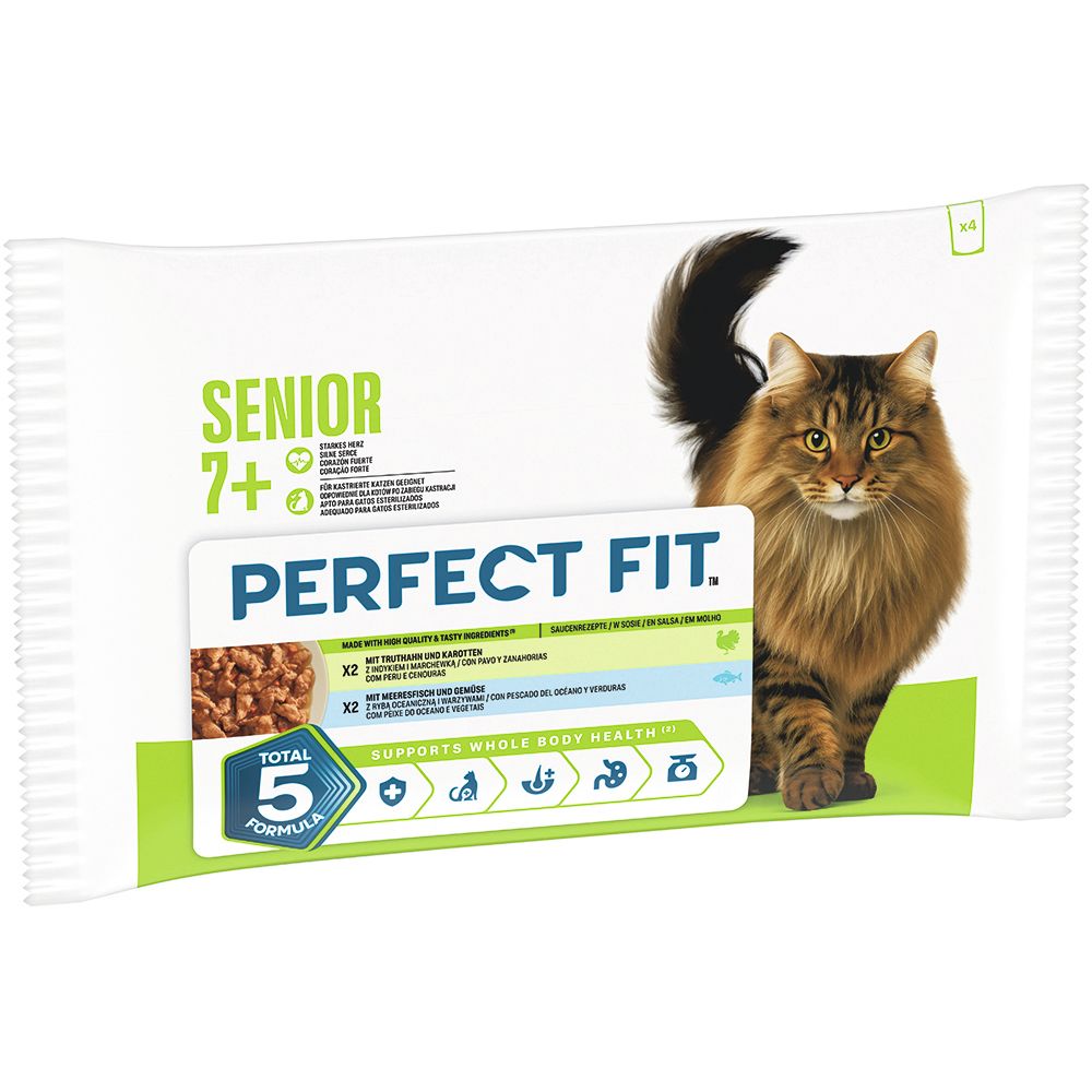 Perfect Fit Senior 7+ Katzenfutter Beutel mit Katze und Produktinformationen.