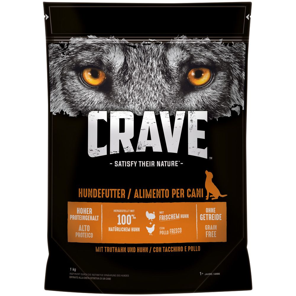 Crave Hundetrockenfutter 1kg Beutel mit Wolfskopf-Design und Produktinformationen.