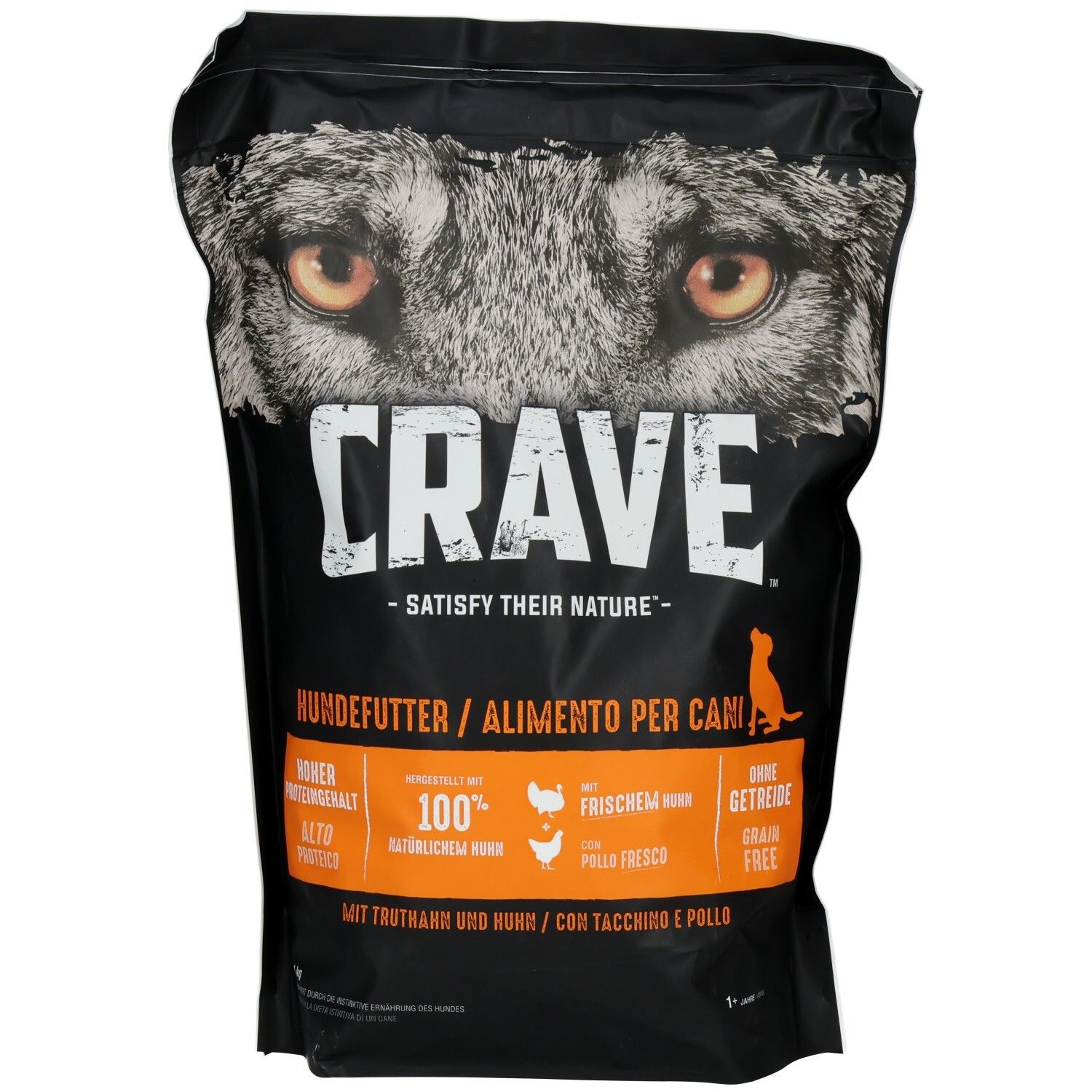 Rückseite des Crave Hundetrockenfutter 1kg Beutels mit Produktinformationen und Hundebild.