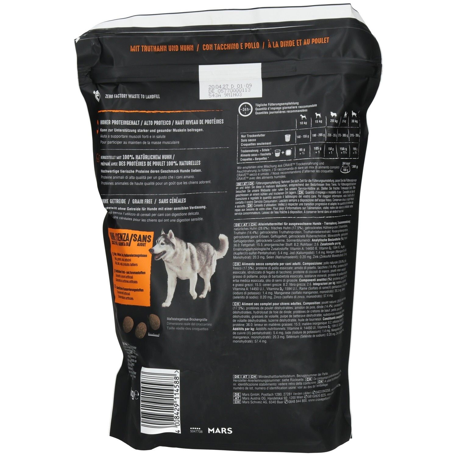 Crave Hundetrockenfutter 1kg Beutel, Vorderseite mit Wolfskopf und Produktmerkmalen.