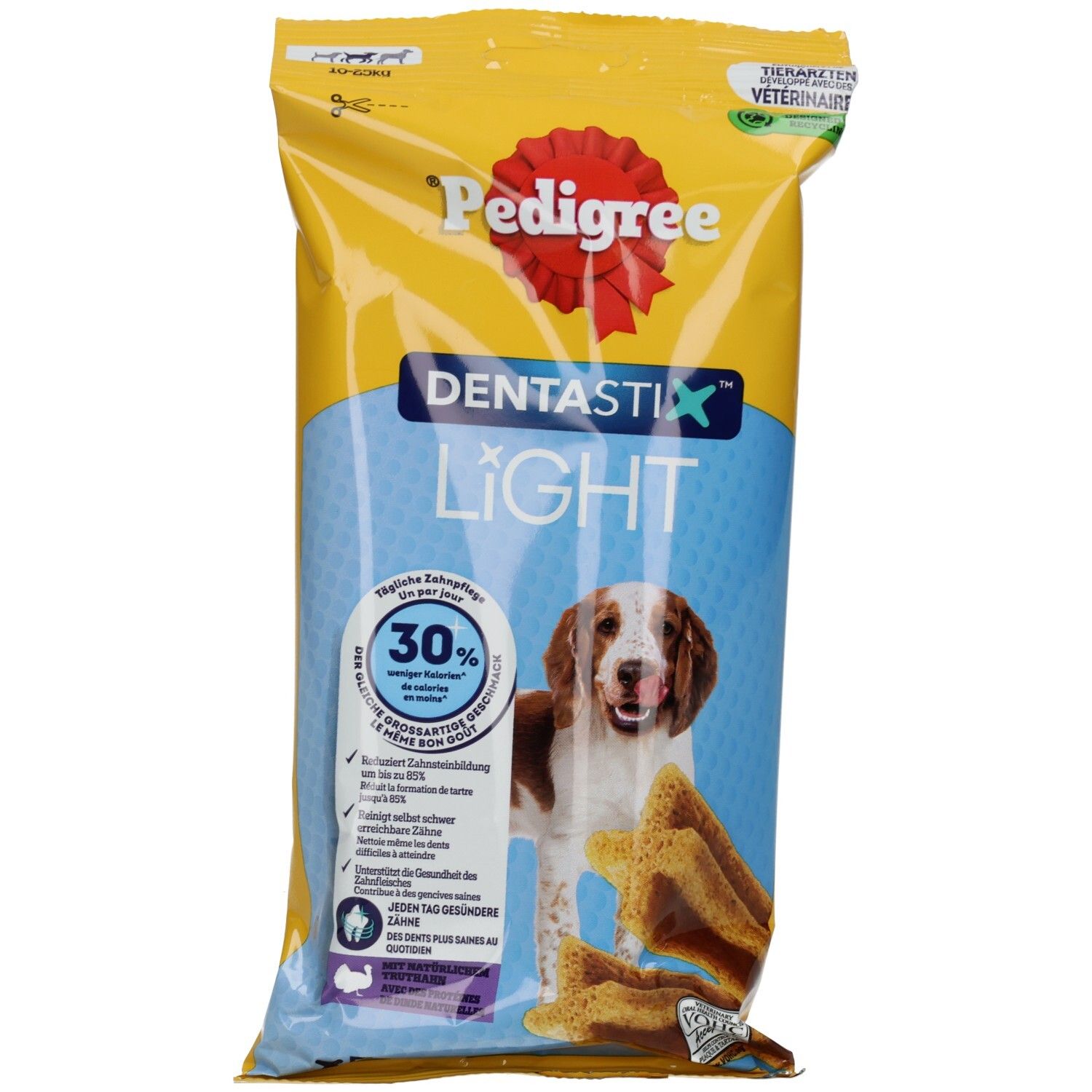 Pedigree Denta Stix Light für mittelgroße Hunde, 5 Stück. Gelbe Verpackung mit Hundebild und Zahnpflegesticks.