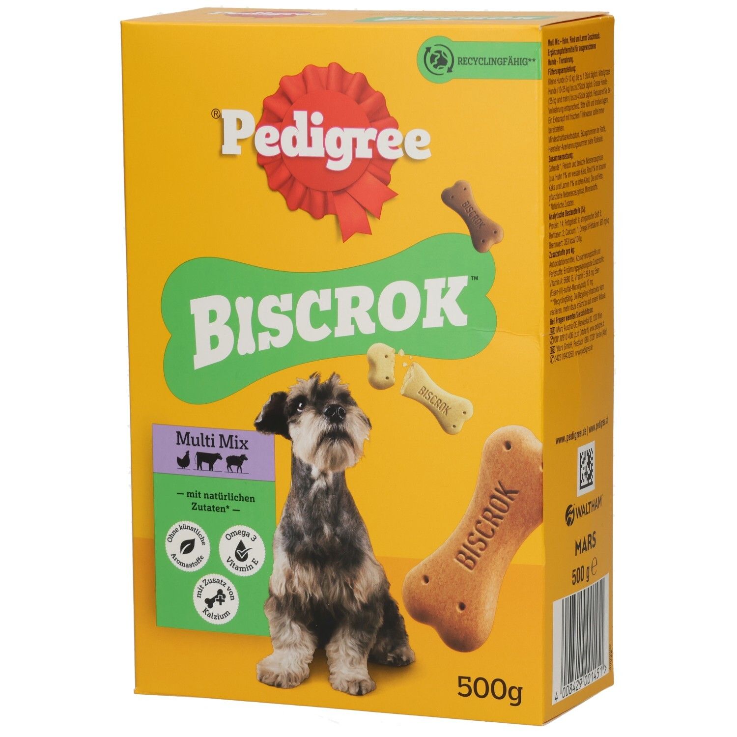 Pedigree Biscrok Multi Mix Hundekuchen-Verpackung mit einem Schnauzer und Knochen-Keksen.