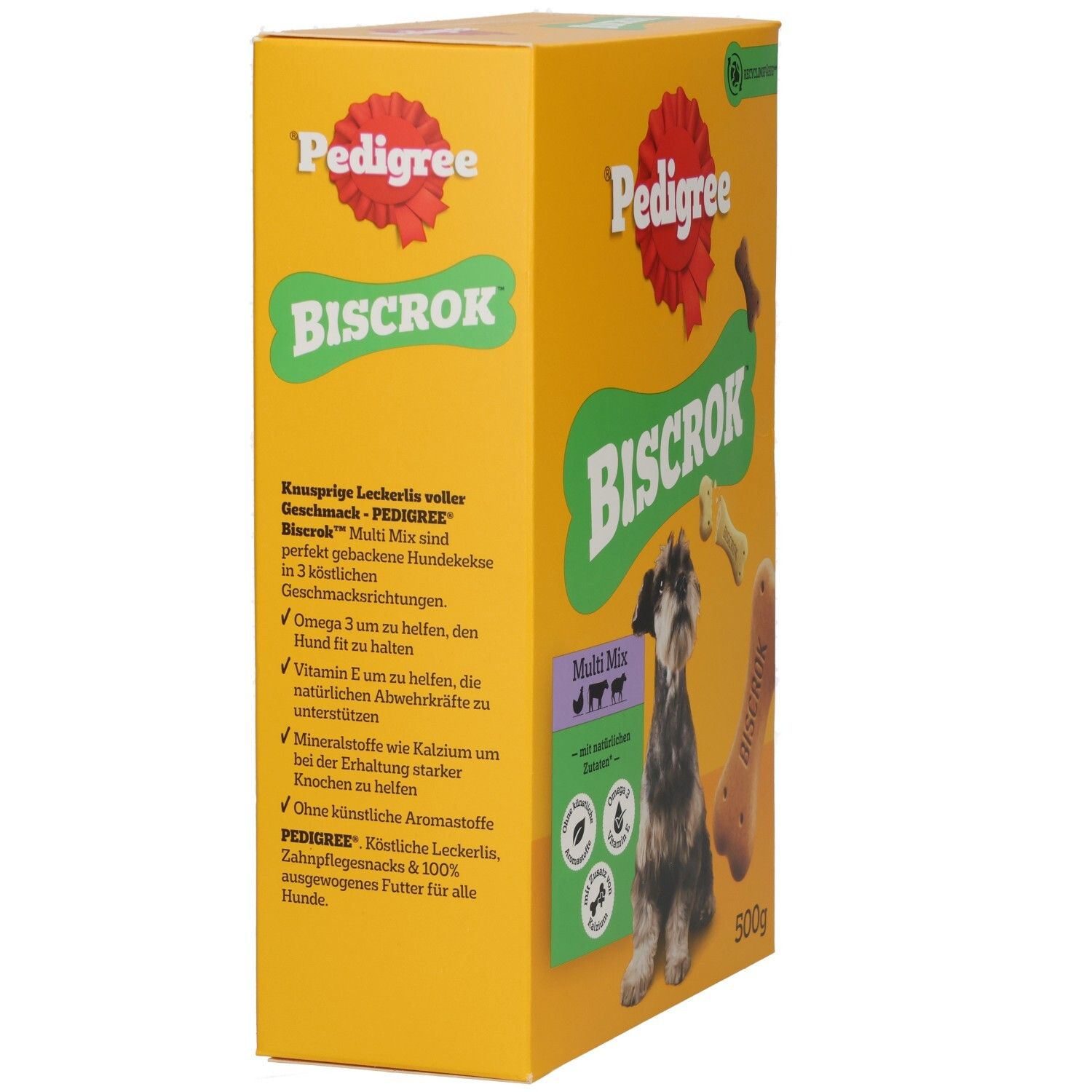 Seitenansicht der Pedigree Biscrok Multi Mix Hundekuchen-Verpackung mit Produktinformationen.