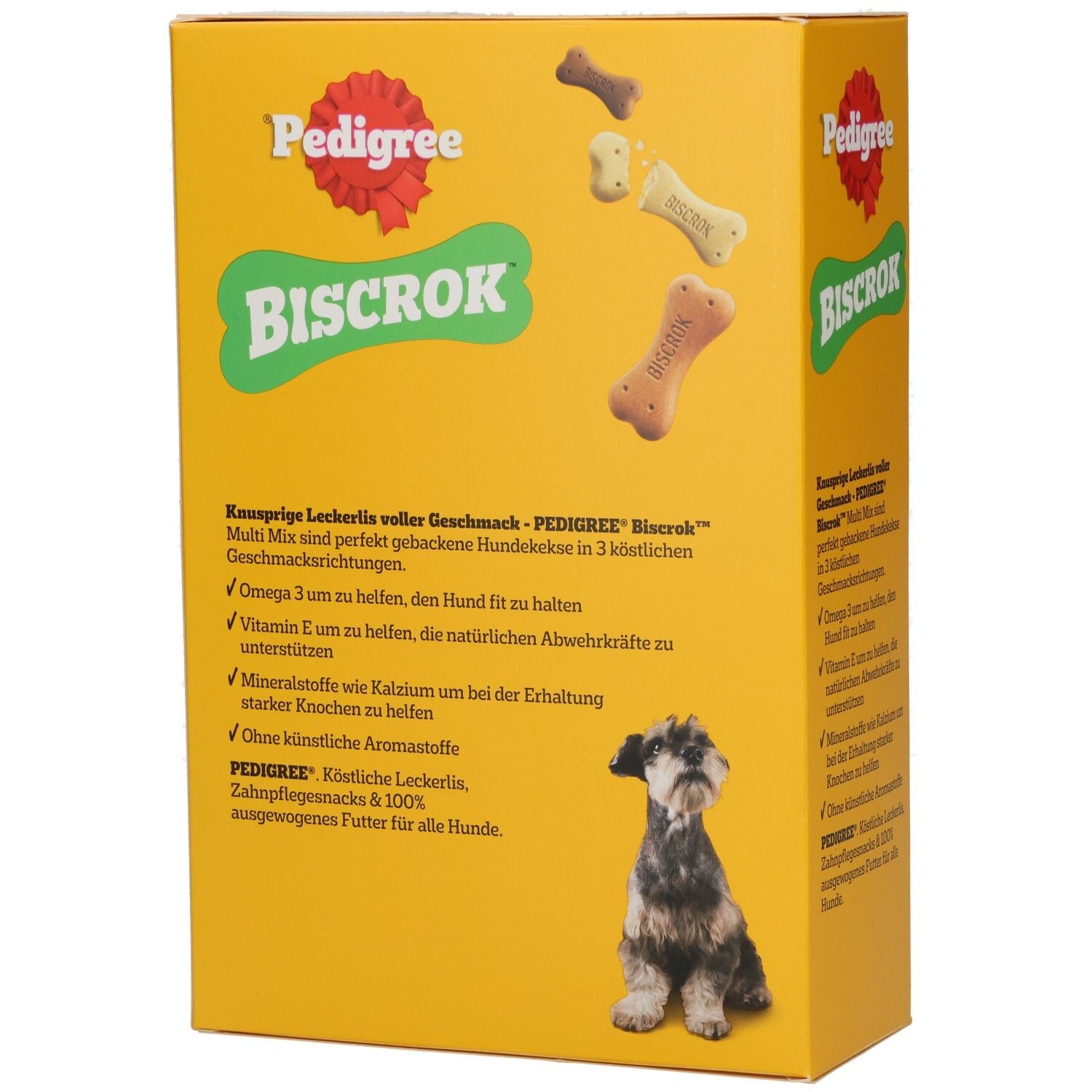 Rückseite der Pedigree Biscrok Multi Mix Hundekuchen-Verpackung mit detaillierten Informationen.