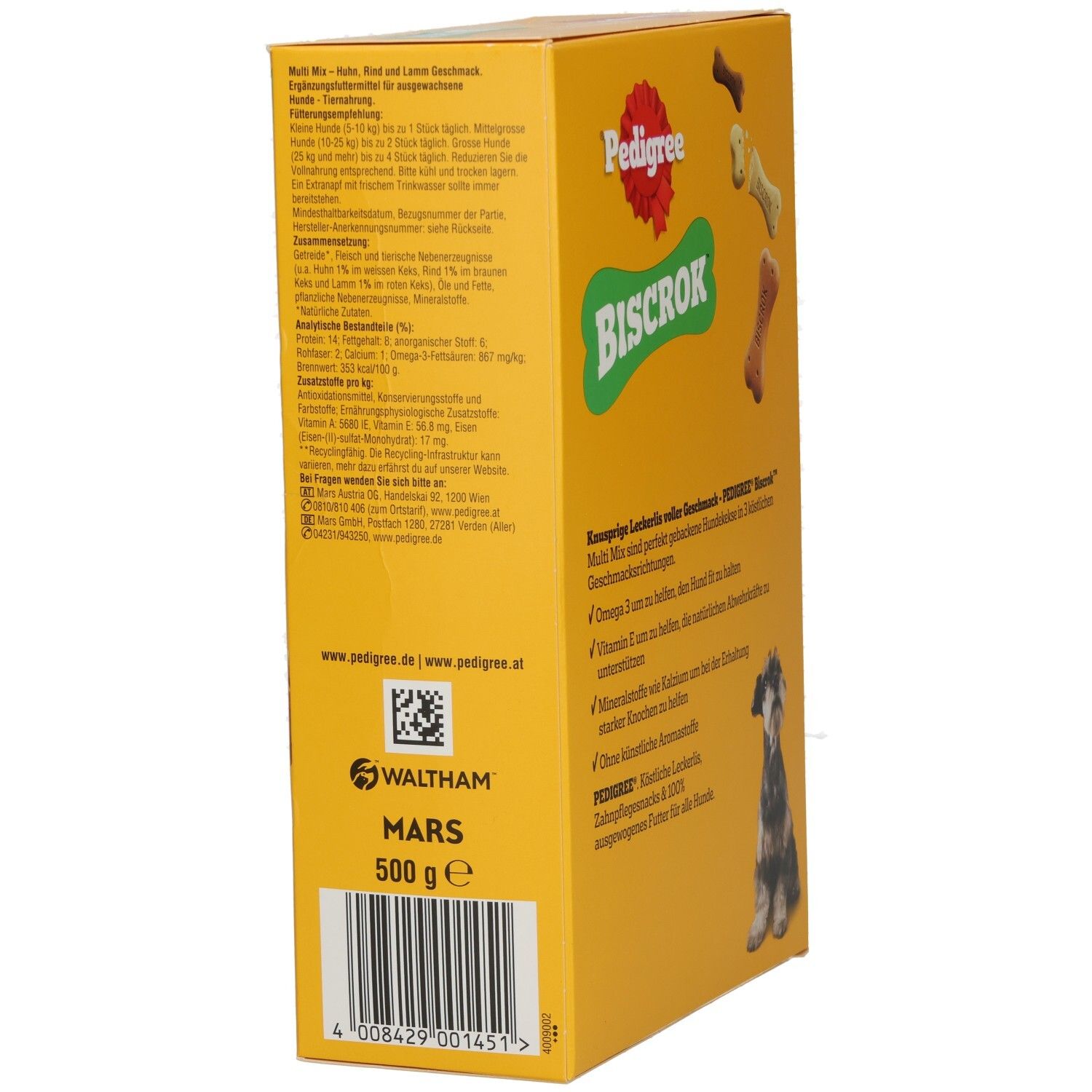 Pedigree Biscrok Multi Mix Hundekuchen-Verpackung mit einem Schnauzer und Knochen-Keksen.