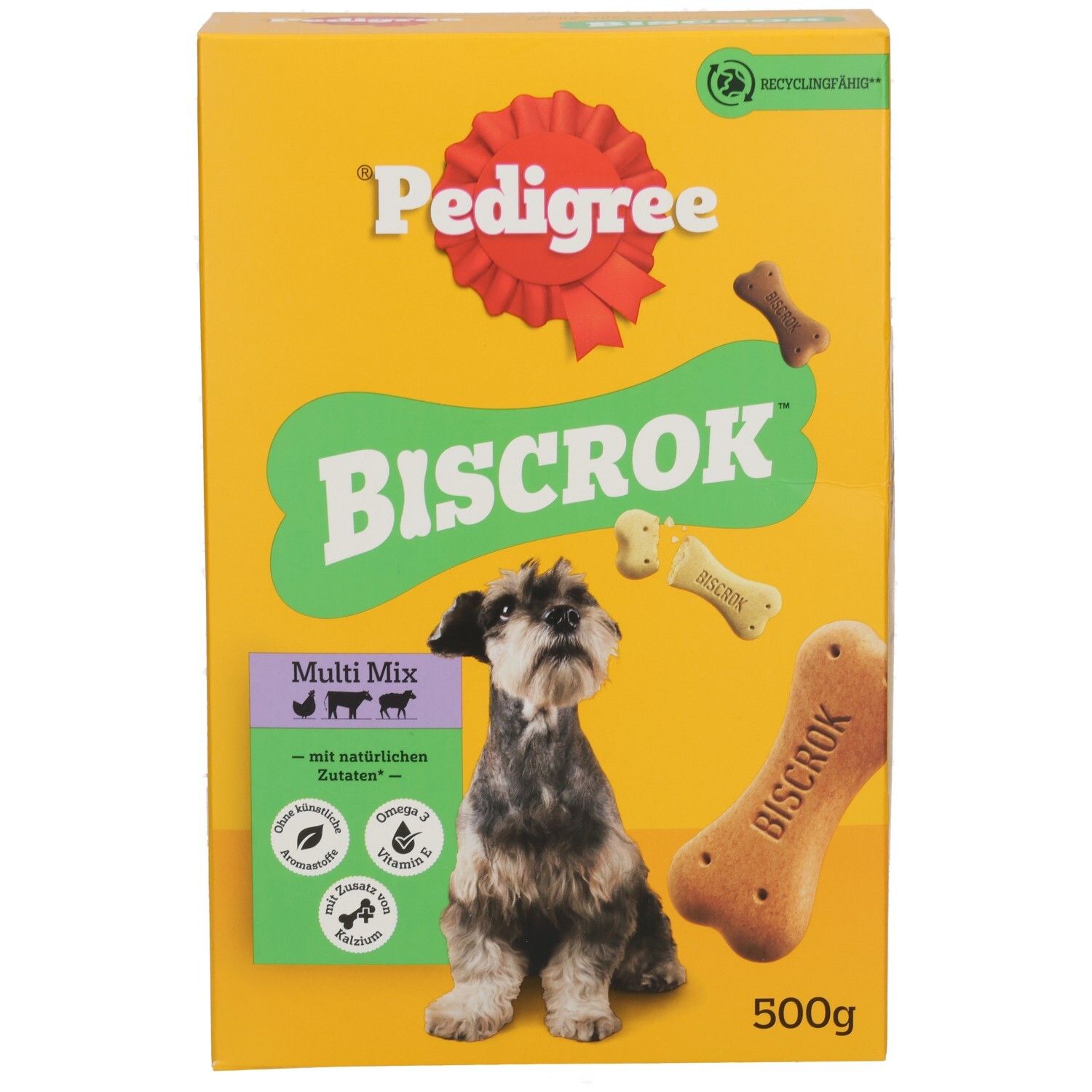 Pedigree Biscrok Multi Mix Hundekuchen-Verpackung mit einem Schnauzer und Knochen-Keksen.
