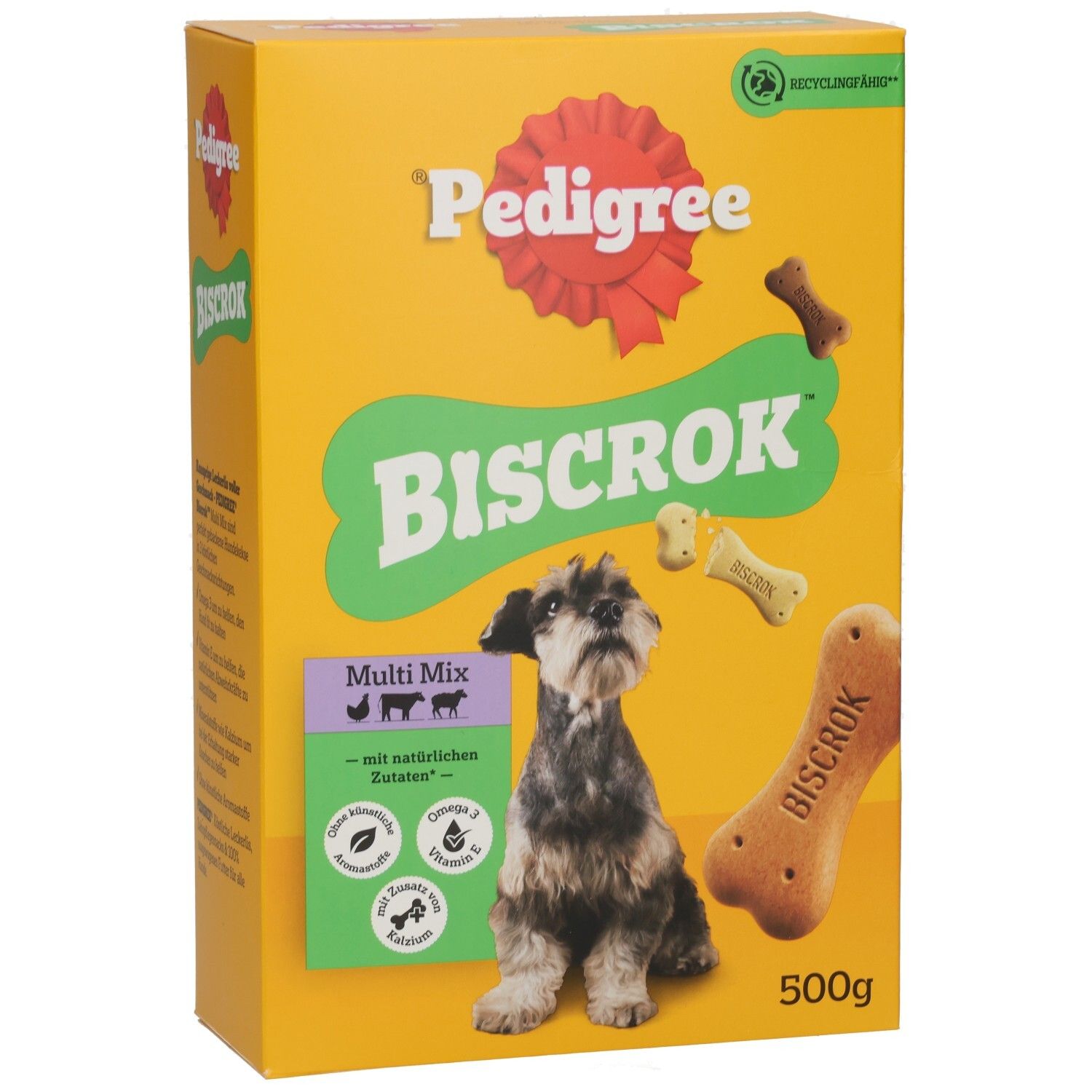 Pedigree Biscrok Multi Mix Hundekuchen-Verpackung mit einem Schnauzer und Knochen-Keksen.