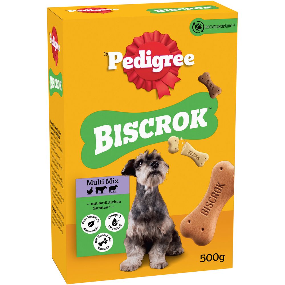 Pedigree Biscrok Multi Mix Hundekuchen-Verpackung mit einem Schnauzer und Knochen-Keksen.