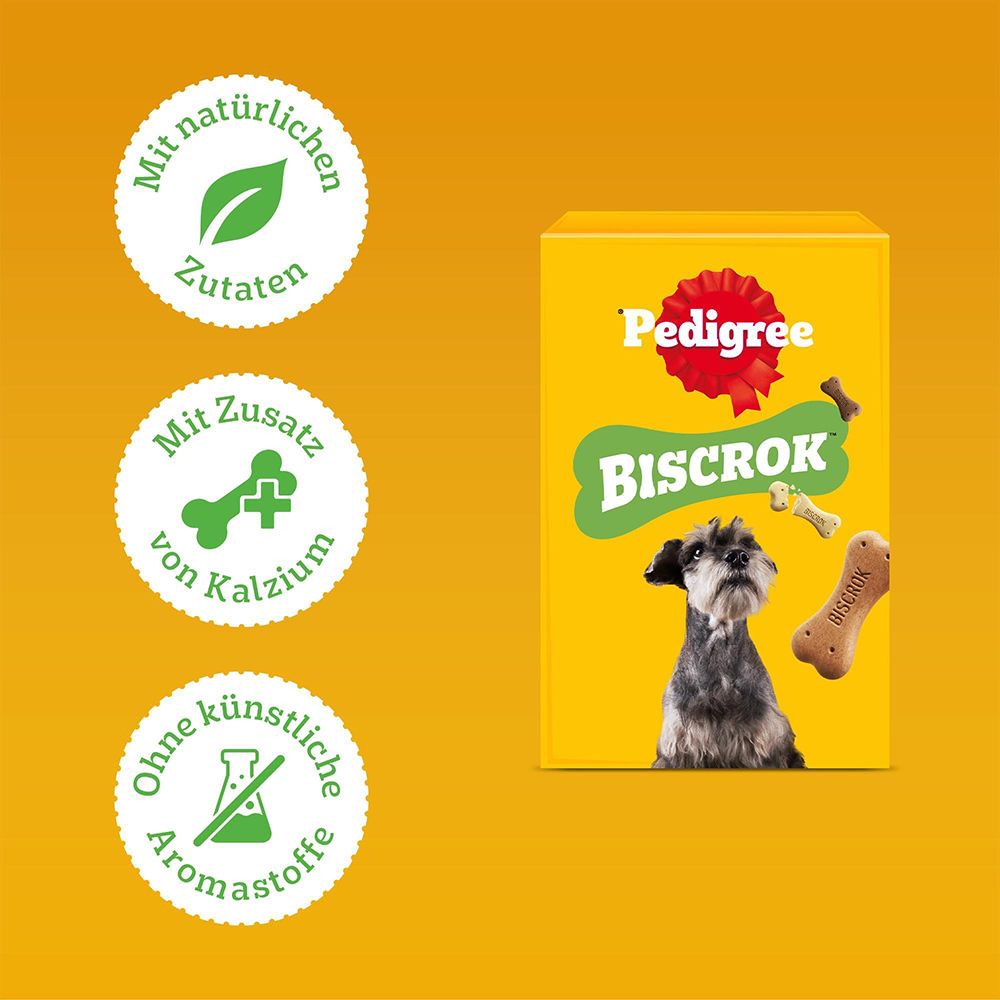 Pedigree Biscrok Verpackung mit Siegeln für natürliche Zutaten, Kalzium und ohne künstliche Aromastoffe.