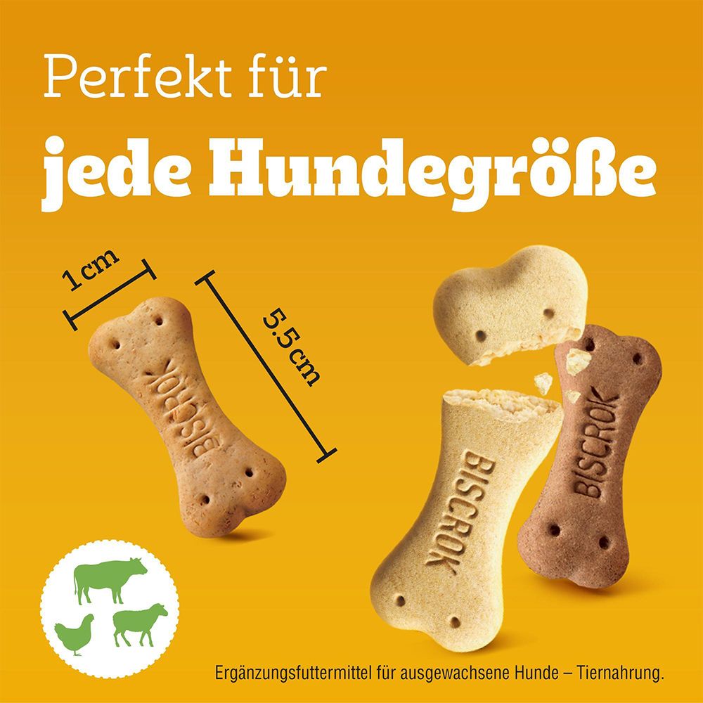 Größenangaben für Pedigree Biscrok Hundekuchen: 5.5cm Länge, 1cm Breite, mit verschiedenen Geschmacksrichtungen.