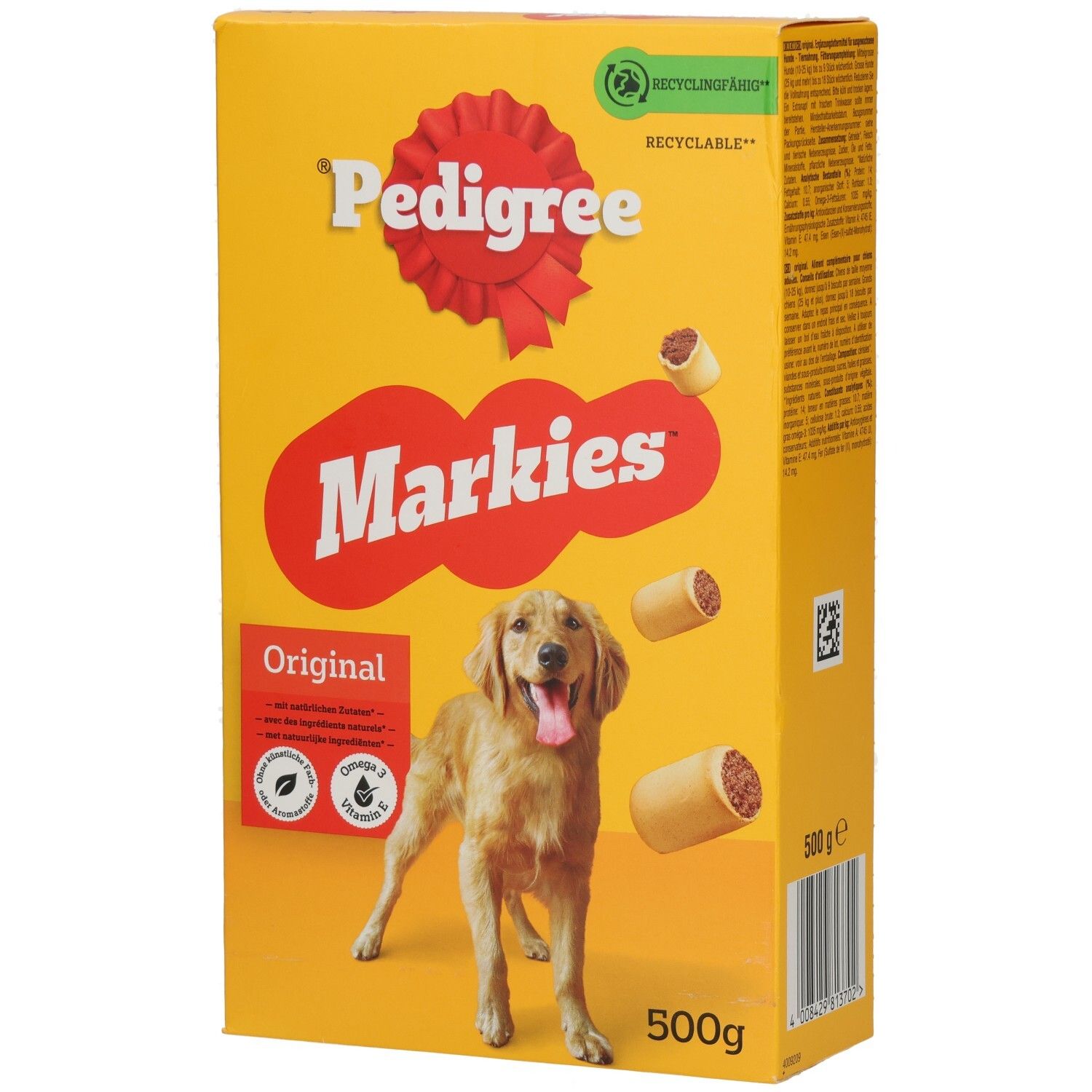 Gelbe Packung Pedigree Markies Original Hundeleckerlis mit einem Golden Retriever und drei Leckerlis.