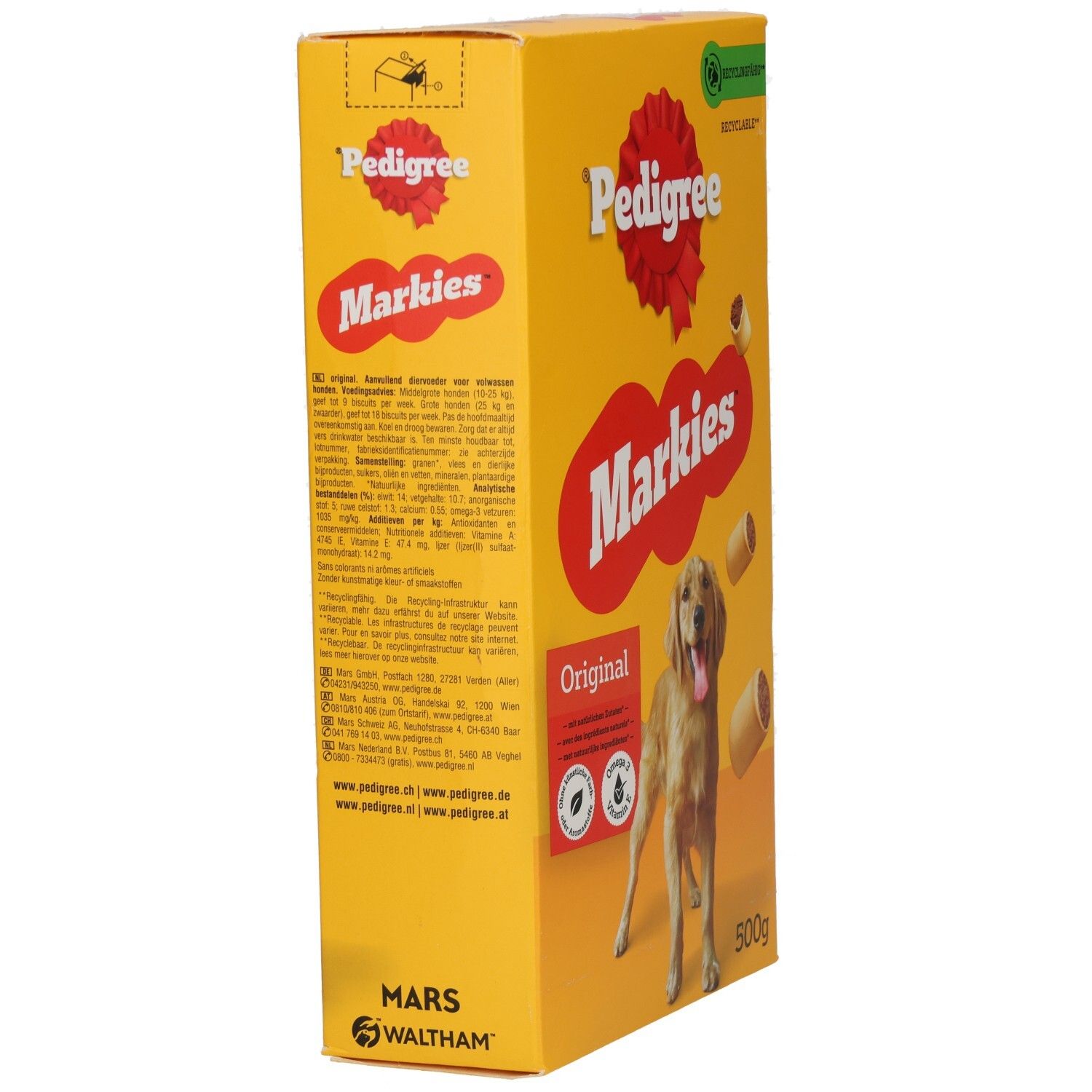 Seitenansicht der Pedigree Markies Packung mit detaillierten Produktinformationen und Inhaltsstoffen.