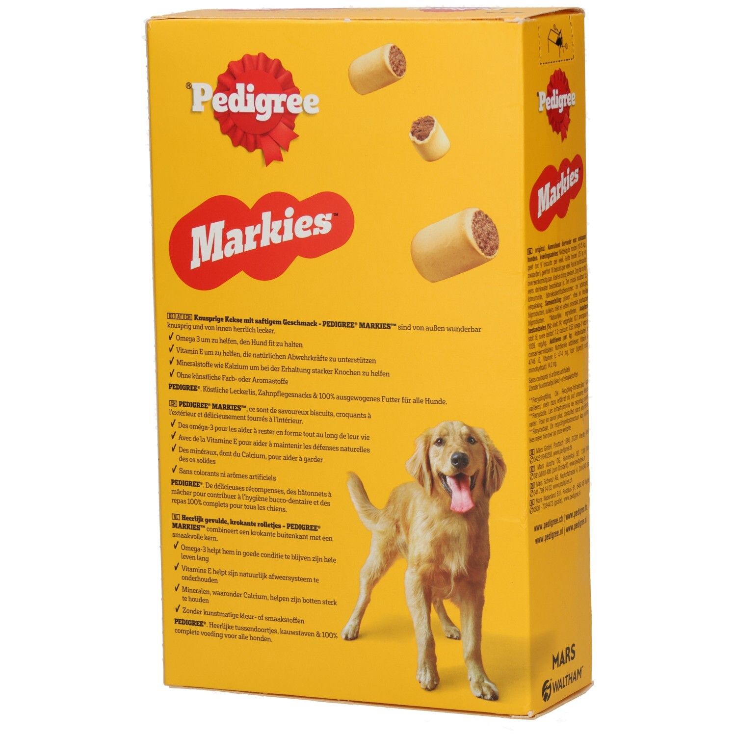 Rückseite der Pedigree Markies Packung mit Produktbeschreibung, Inhaltsstoffen und Fütterungsempfehlungen.
