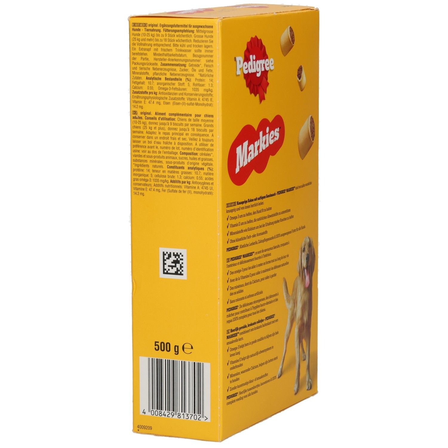 Gelbe Packung Pedigree Markies Original Hundeleckerlis mit einem Golden Retriever und drei Leckerlis.