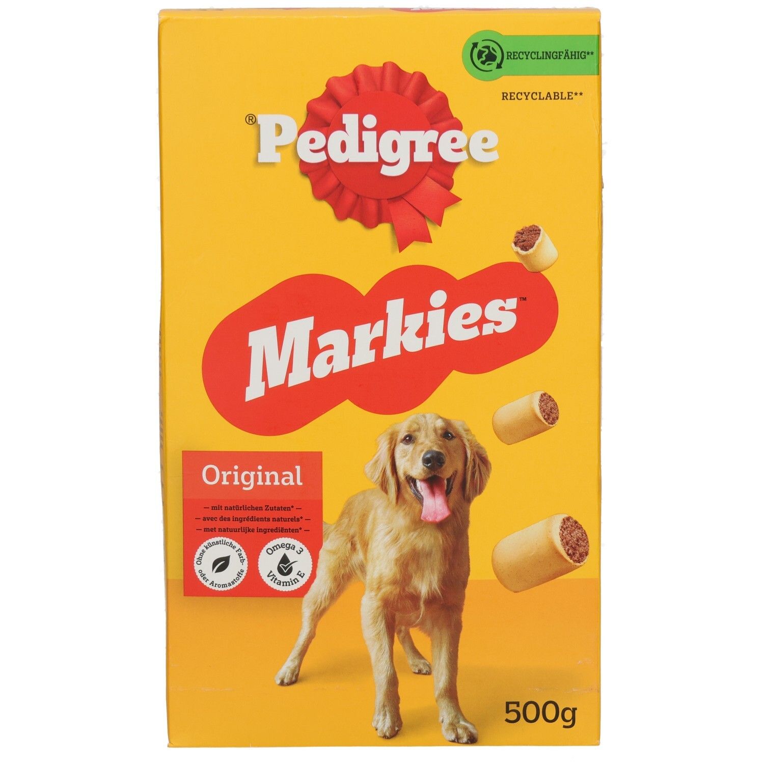 Gelbe Packung Pedigree Markies Original Hundeleckerlis mit einem Golden Retriever und drei Leckerlis.