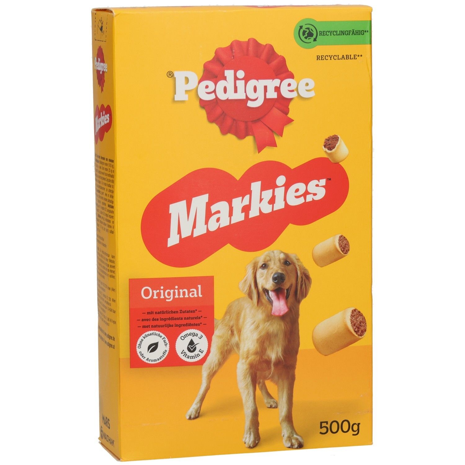 Gelbe Packung Pedigree Markies Original Hundeleckerlis mit einem Golden Retriever und drei Leckerlis.