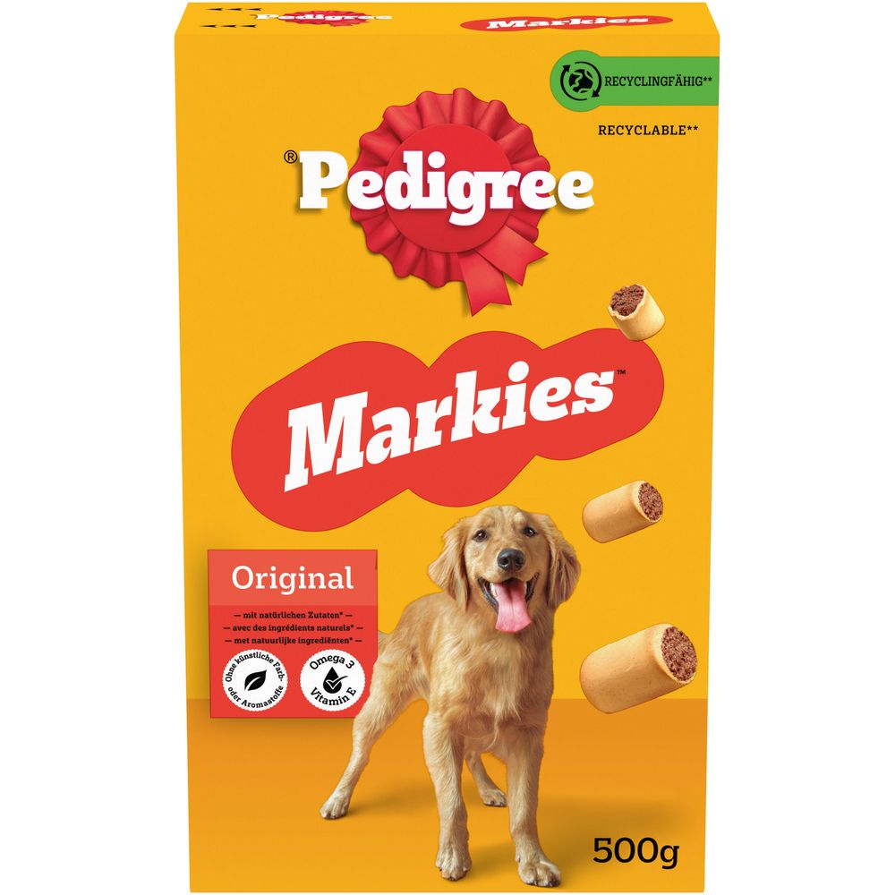 Gelbe Packung Pedigree Markies Original Hundeleckerlis mit einem Golden Retriever und drei Leckerlis.