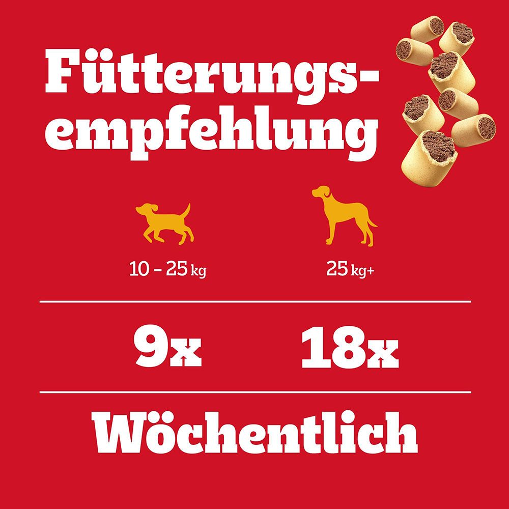 Fütterungsempfehlung für Pedigree Markies Hundeleckerlis, aufgeteilt nach Hundegewicht und wöchentlicher Menge.