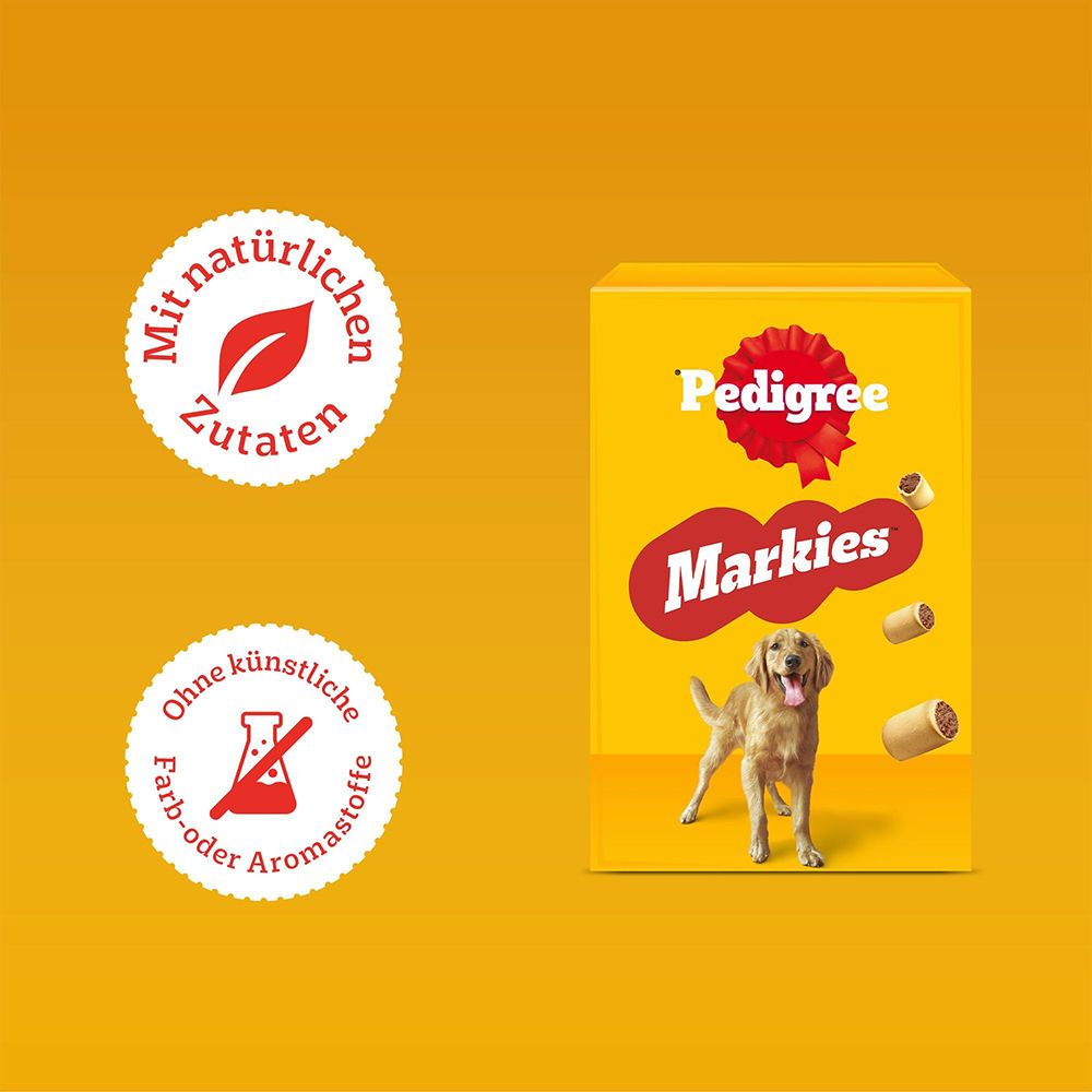 Pedigree Markies Packung mit Siegeln für natürliche Zutaten und ohne Farb- oder Aromastoffe.