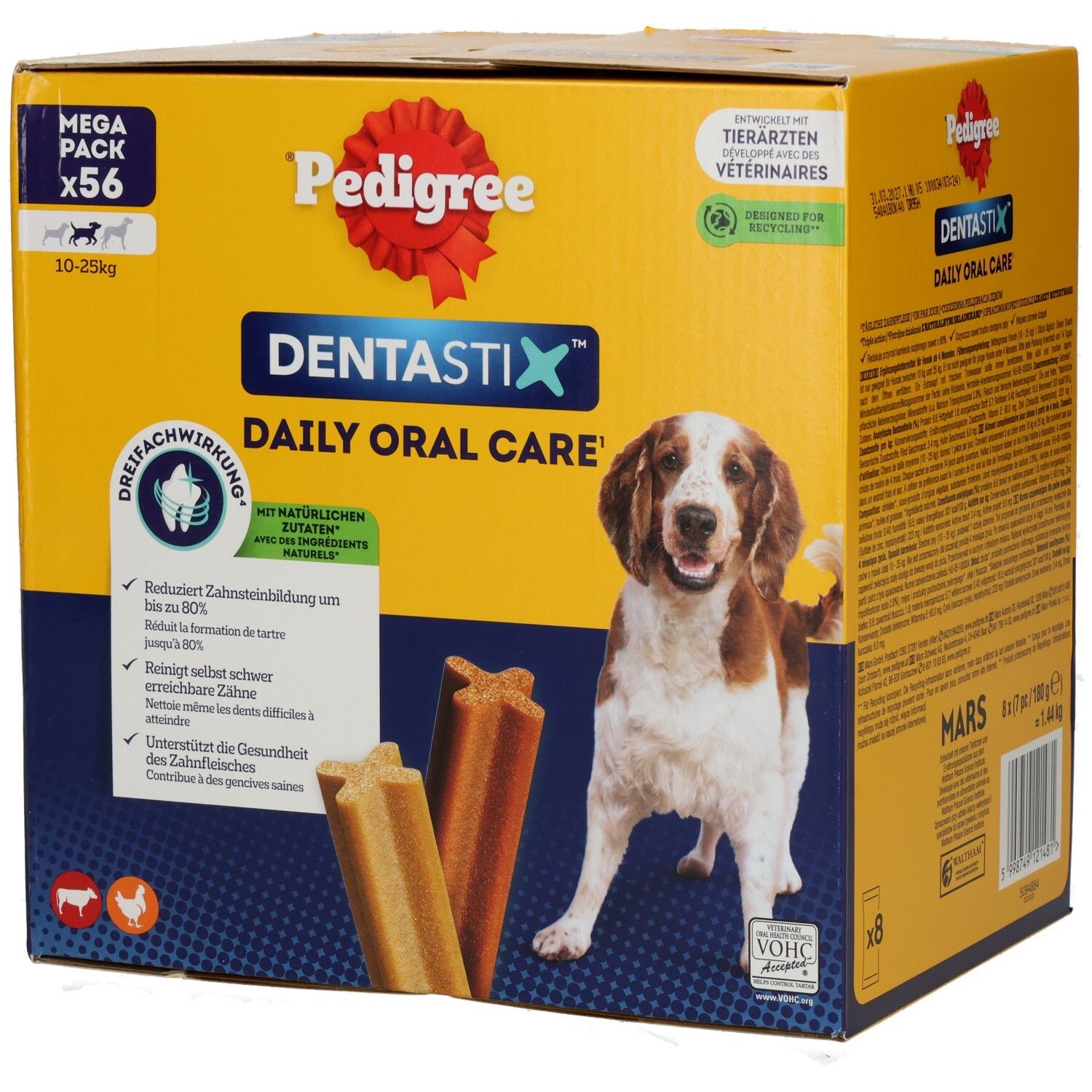 Pedigree Denta Stix Mega Pack (56 Stück) für Hunde von 10-25 kg. Tägliche Zahnpflege mit dreifacher Wirkung.