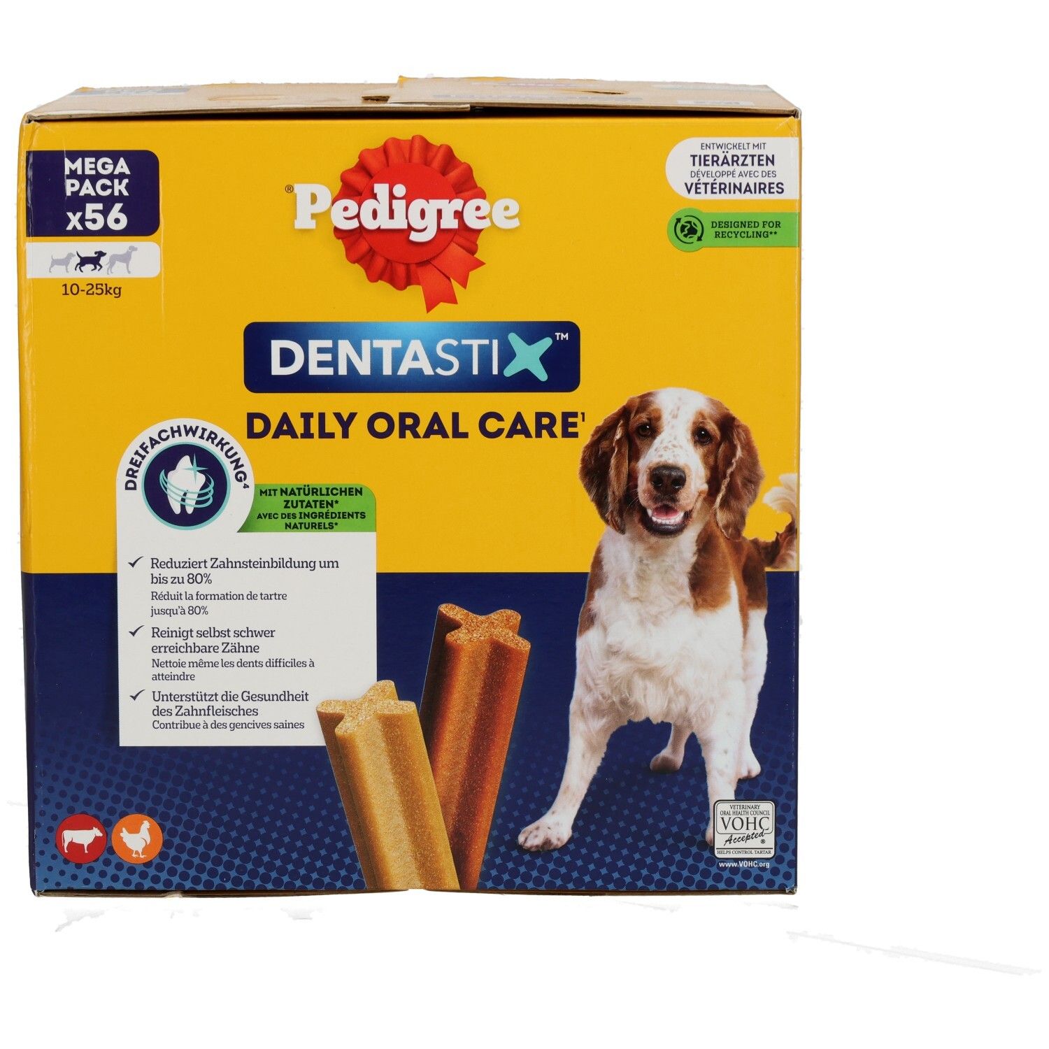 Pedigree Denta Stix Mega Pack (56 Stück) für Hunde von 10-25 kg. Tägliche Zahnpflege mit dreifacher Wirkung.