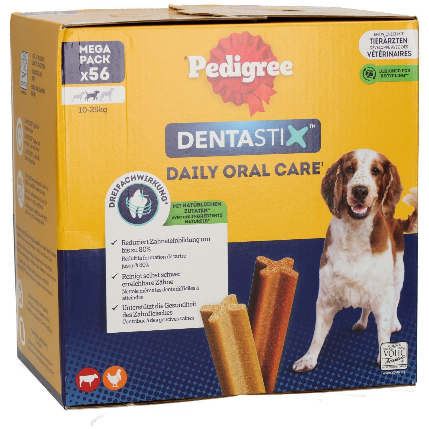 Pedigree Denta Stix Mega Pack (56 Stück) für Hunde von 10-25 kg. Tägliche Zahnpflege mit dreifacher Wirkung.