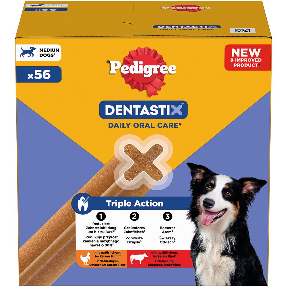 Pedigree Denta Stix Mega Pack mit 56 Zahnpflege-Sticks für mittlere Hunde. Triple Action für tägliche Zahnpflege.