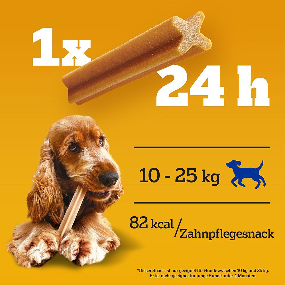Ein Pedigree Denta Stix Snack für 24h Schutz. Für Hunde von 10-25 kg. 82 kcal pro Snack.