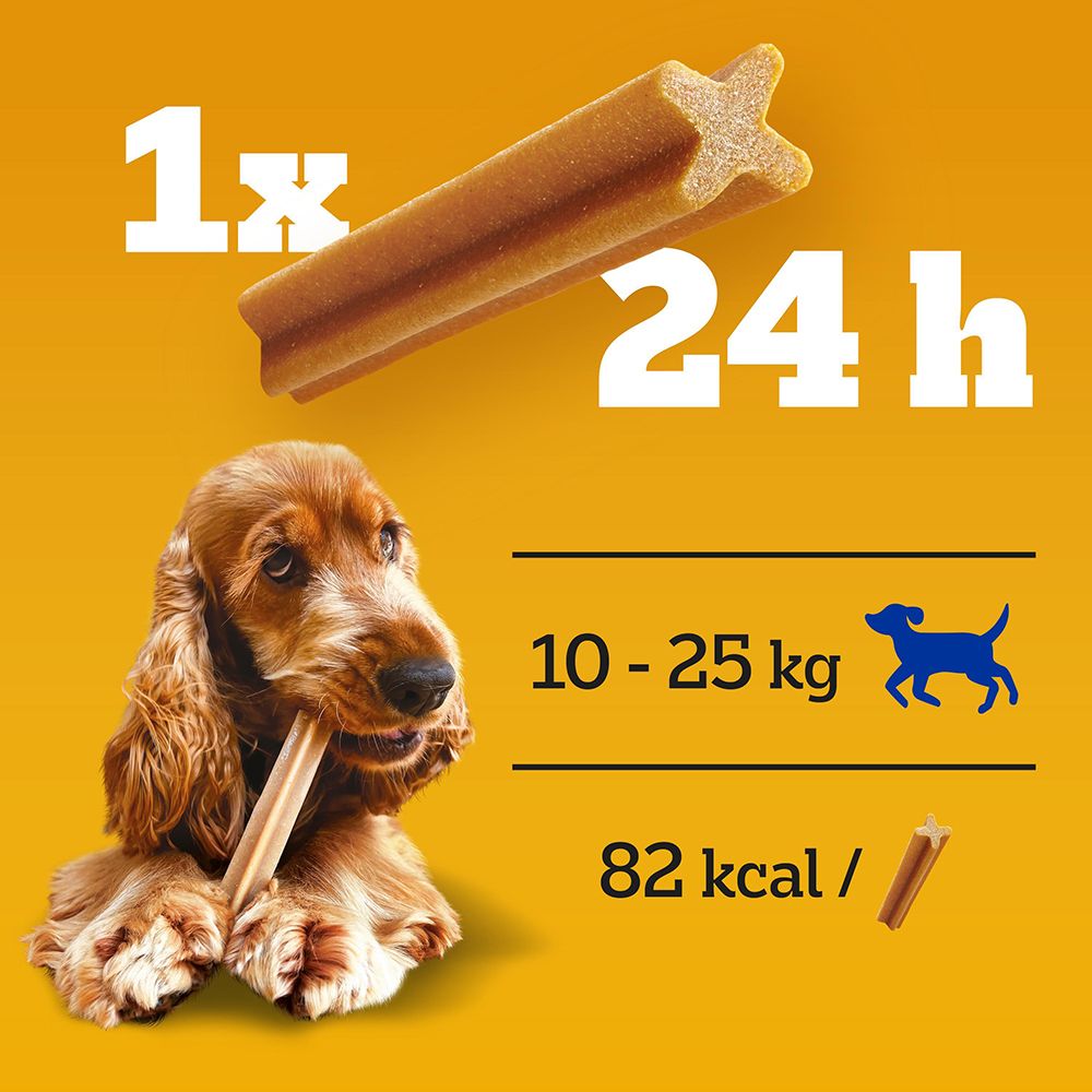 Ein Pedigree Denta Stix Snack für 24h Schutz. Für Hunde von 10-25 kg. 82 kcal pro Snack.