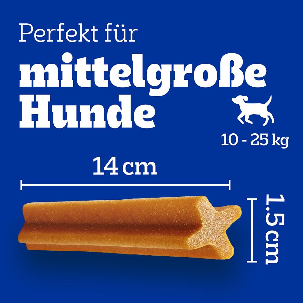 Pedigree Denta Stix: Perfekt für mittelgroße Hunde (10-25 kg). Länge 14 cm, Höhe 1.5 cm.