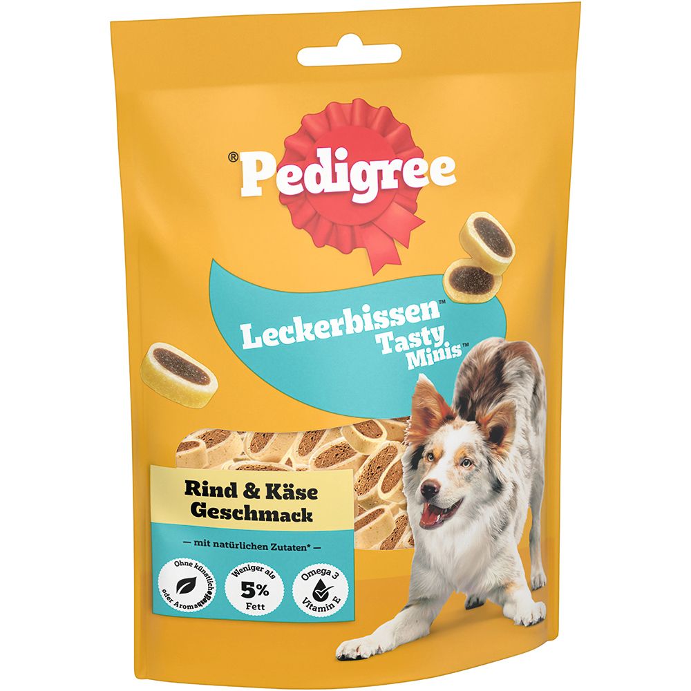 Gelbe Verpackung Pedigree Leckerbissen Tasty Minis Rind & Käse mit Hundefoto.