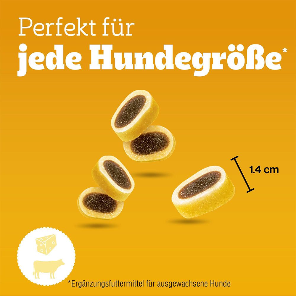 Nahaufnahme von Pedigree Leckerbissen Tasty Minis, Größe ca. 1,4 cm. Rind & Käse Geschmack.