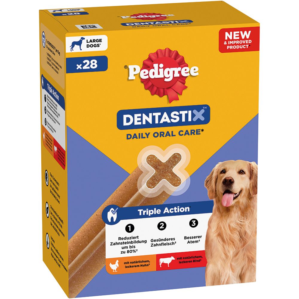 Pedigree Denta Stix Multipack für große Hunde, 28 Stück. Tägliche Zahnpflege mit dreifacher Wirkung.