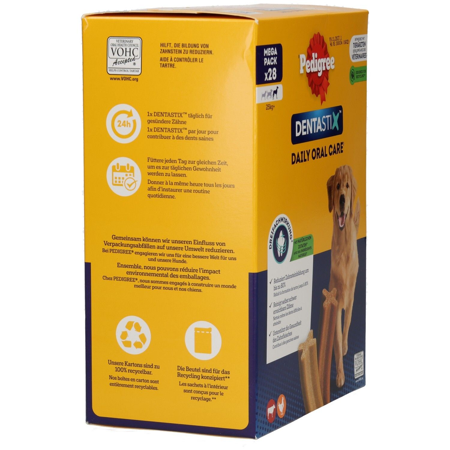 Rückseite Pedigree Denta Stix Multipack. Informationen zu Inhaltsstoffen und Recycling.