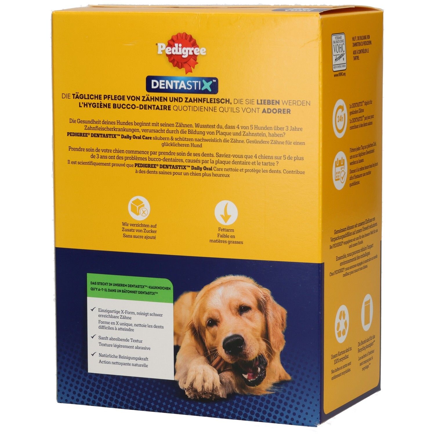 Rückseite Pedigree Denta Stix Multipack. Informationen zur täglichen Zahnpflege und Wirkung.