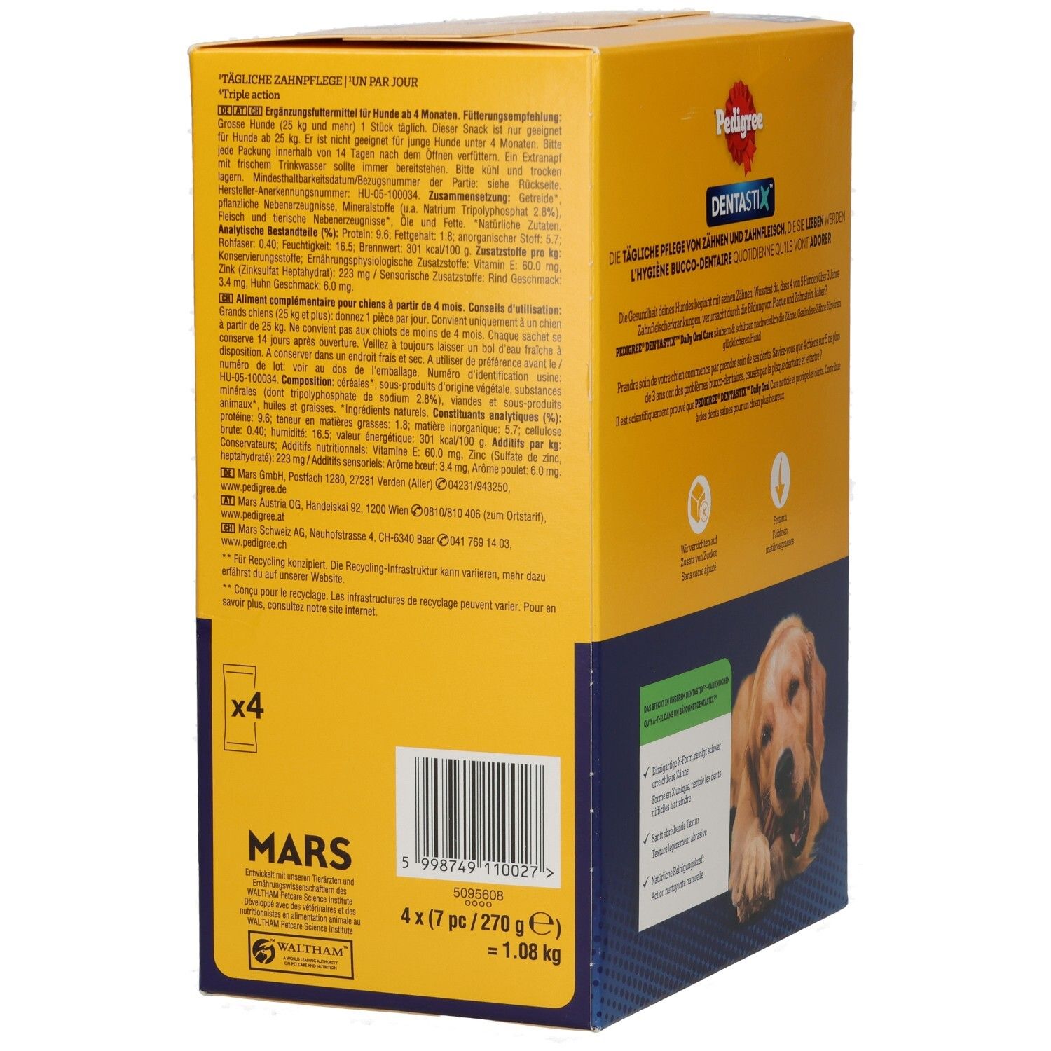 Seite Pedigree Denta Stix Multipack. Zutatenliste und Nährwertangaben.