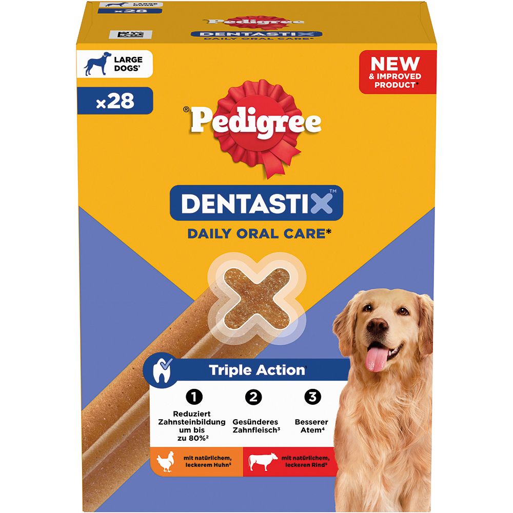 Pedigree Denta Stix Multipack für große Hunde, 28 Stück. Tägliche Zahnpflege mit dreifacher Wirkung.