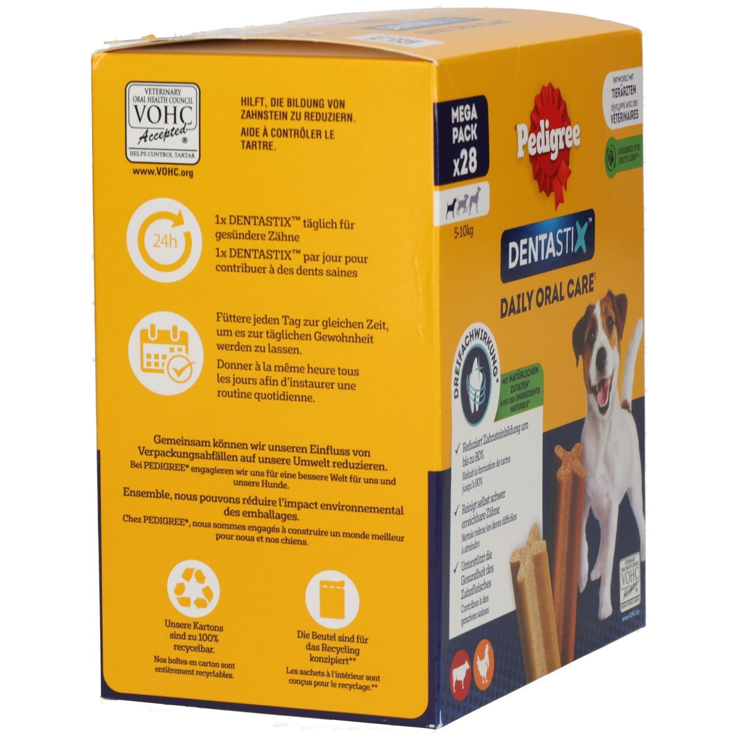 Rückseite der Pedigree Denta Stix Packung. Informationen zur täglichen Anwendung und Umweltfreundlichkeit.