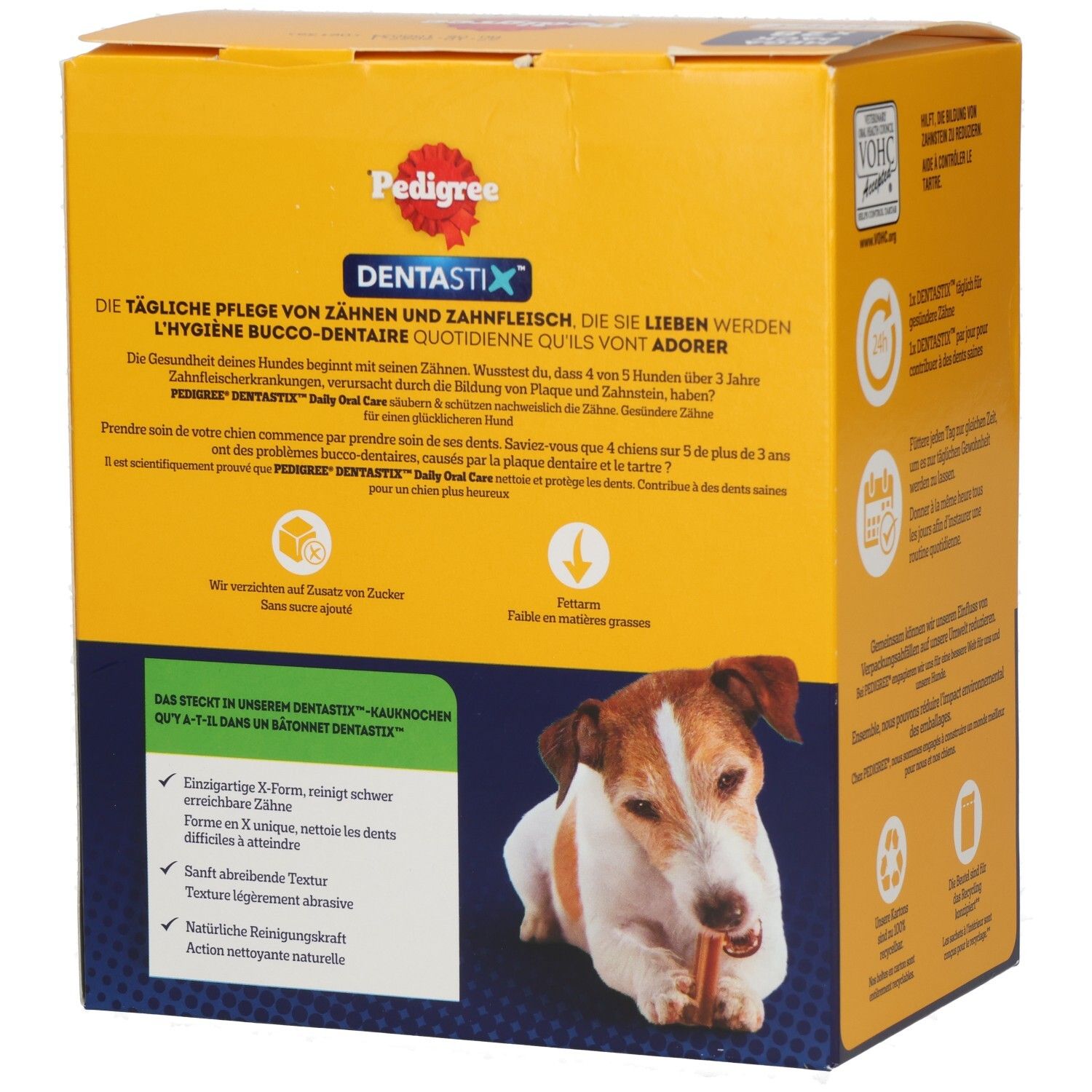 Pedigree Denta Stix Packung mit Informationen zur Zahnpflege, Inhaltsstoffen und Anwendung für Hunde.