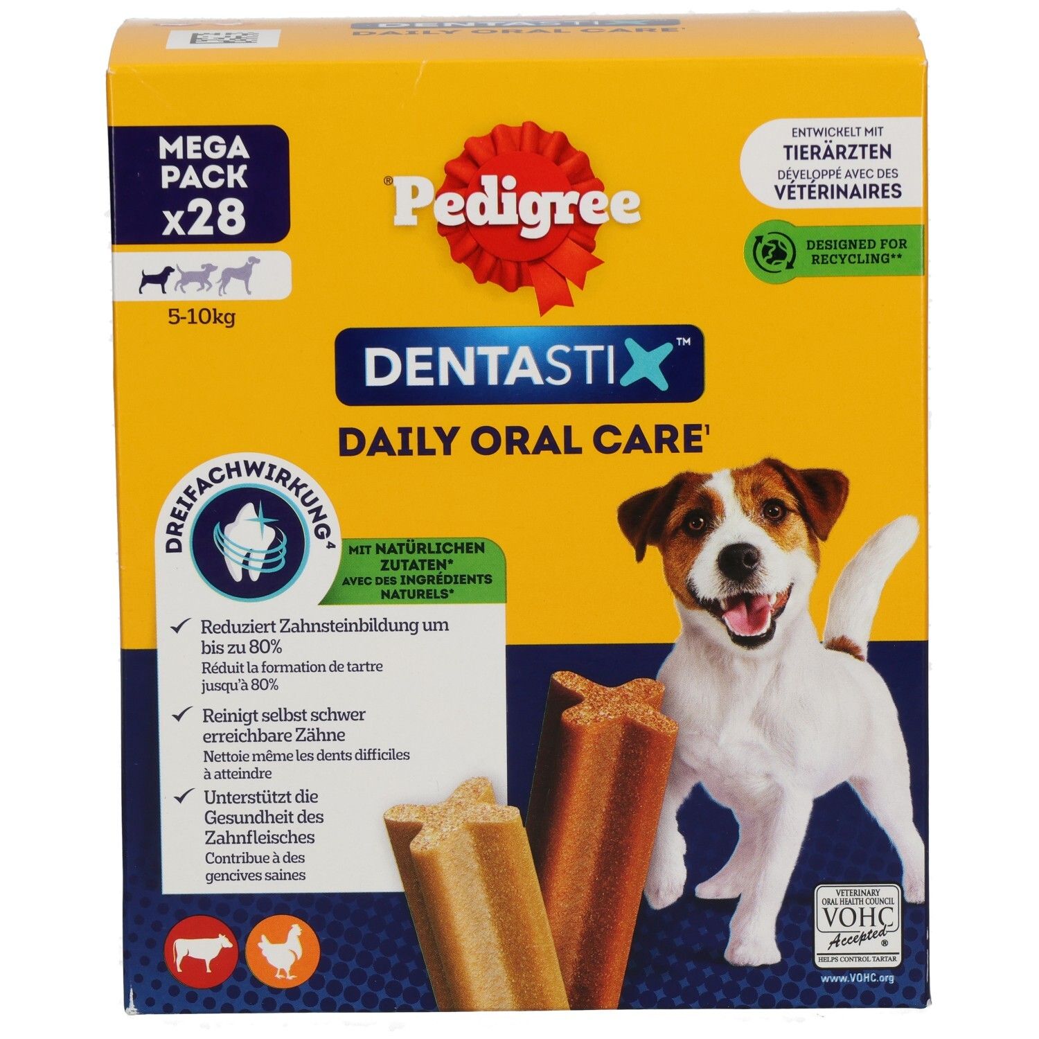 Pedigree Denta Stix Mega Pack, 28 Stück für Hunde von 5-10 kg. Tägliche Zahnpflege, dreifache Wirkung.