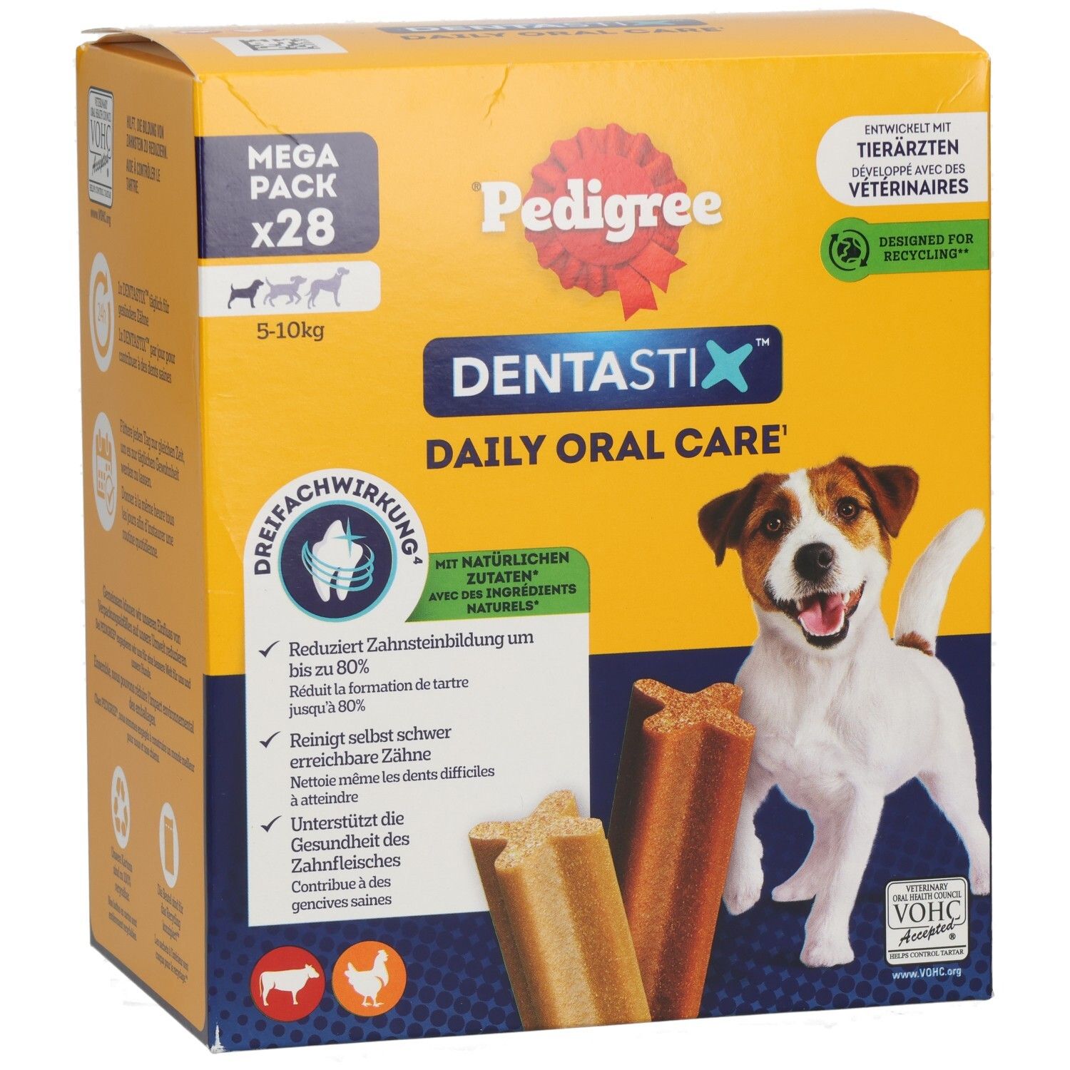 Pedigree Denta Stix Mega Pack, 28 Stück für Hunde von 5-10 kg. Tägliche Zahnpflege, dreifache Wirkung.
