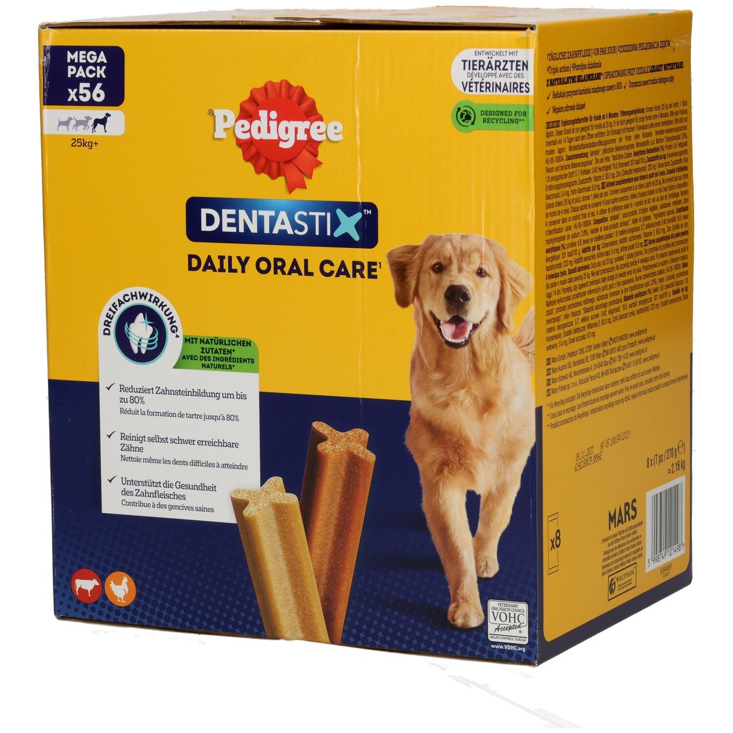 Pedigree Denta Stix Large Mega Pack 56 Stk. mit Golden Retriever und Siegeln.